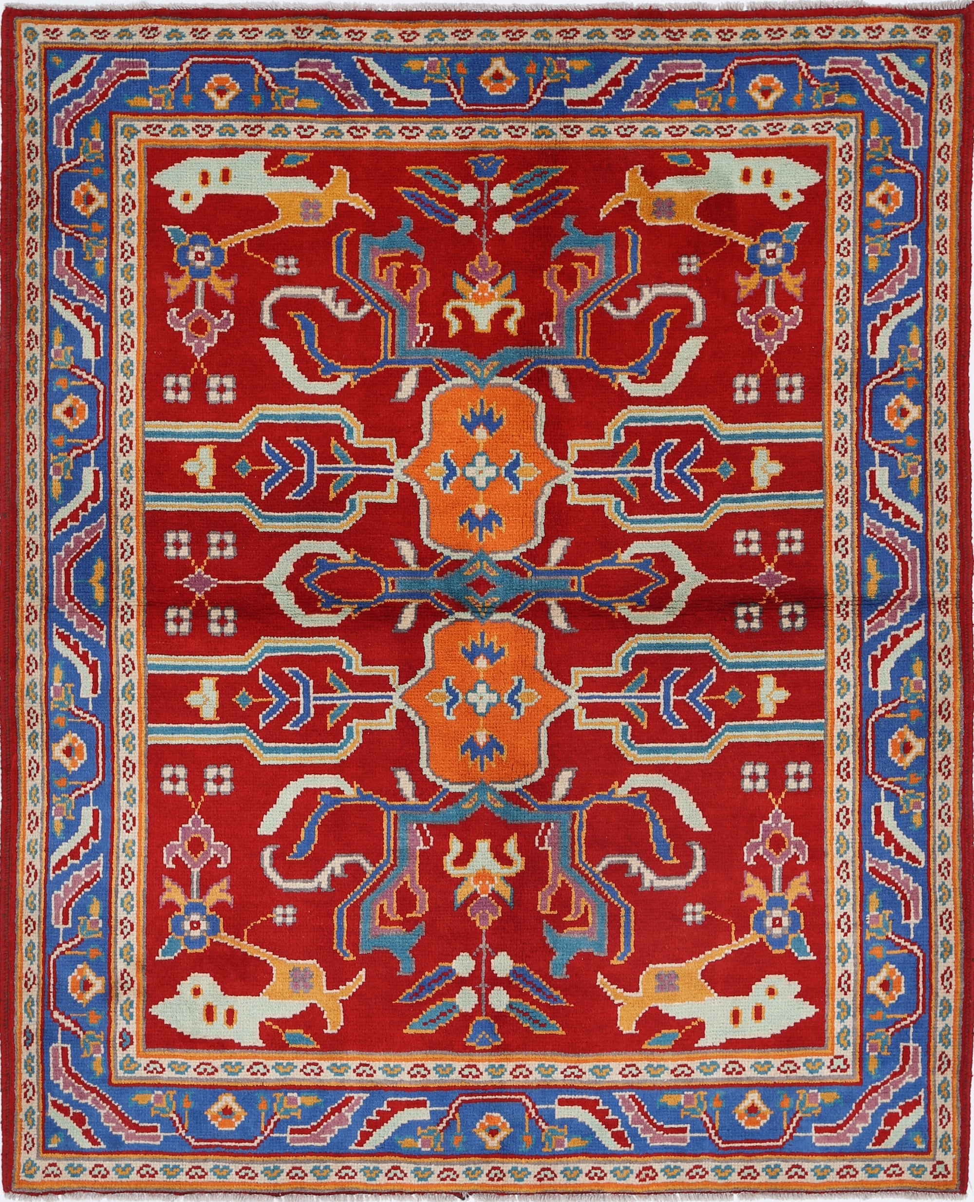 Red Hand-Knotted Tribal Geometric Wool Rug - 5'1" x 6'5"