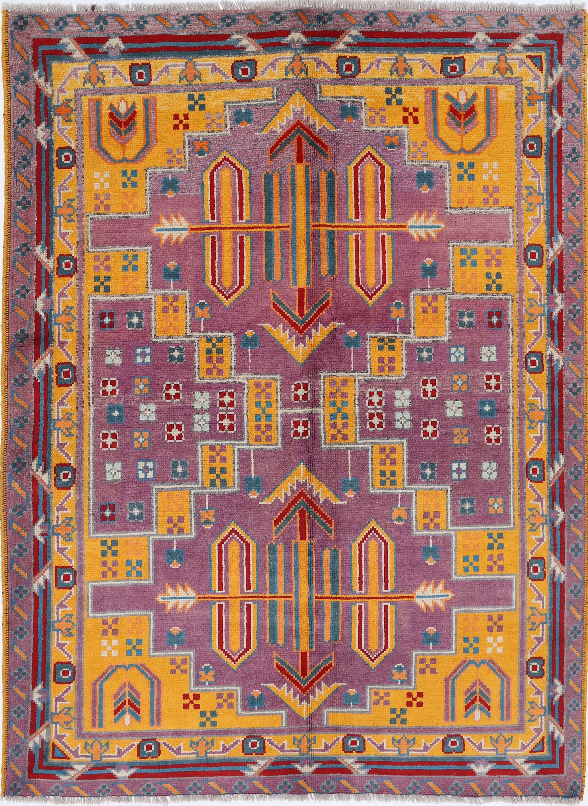 Purple Hand-Knotted Tribal Geometric Wool Rug - 4'10" x 6'9"
