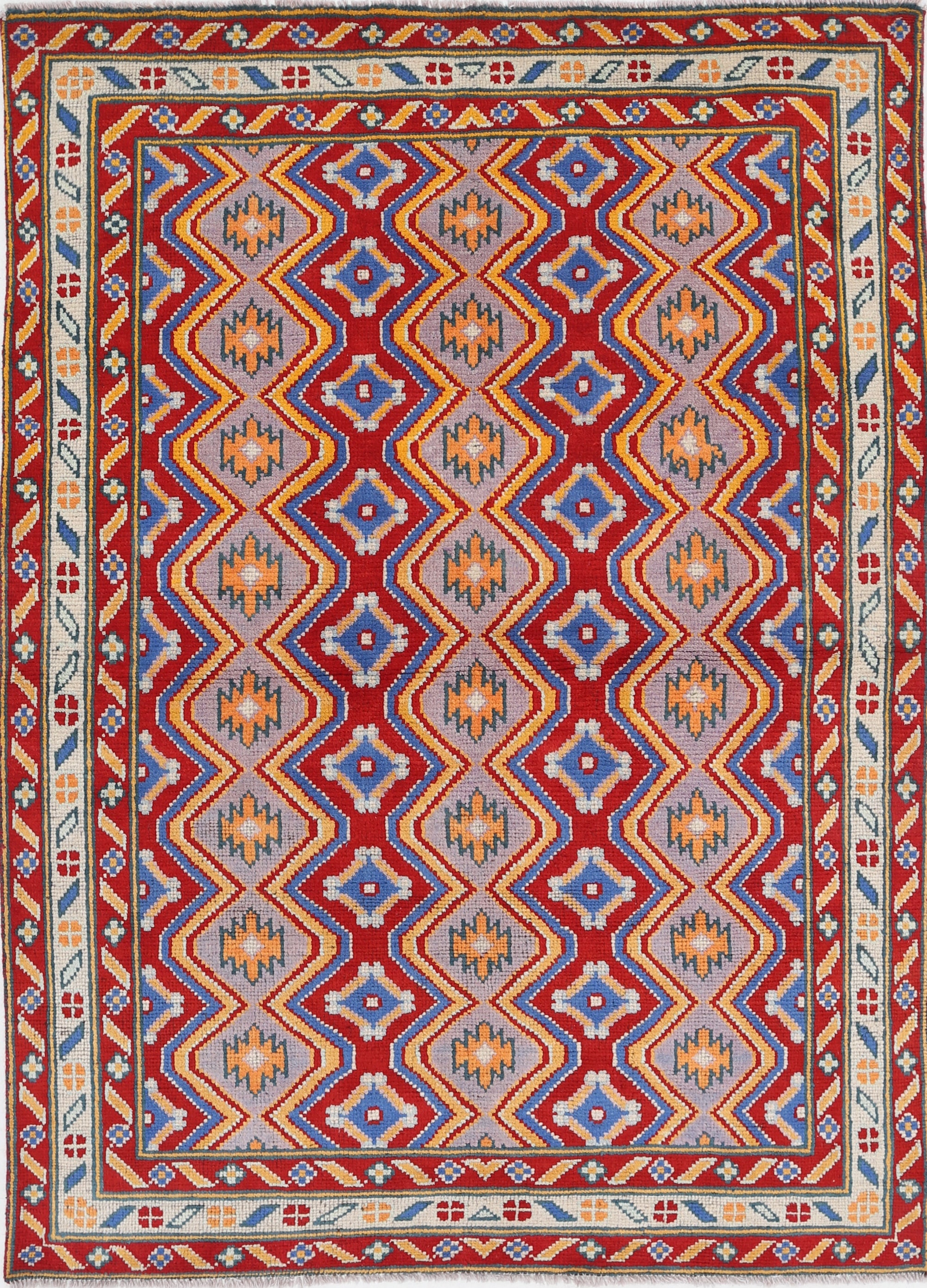 Red Hand-Knotted Tribal Geometric Wool Rug - 4'10" x 6'11"