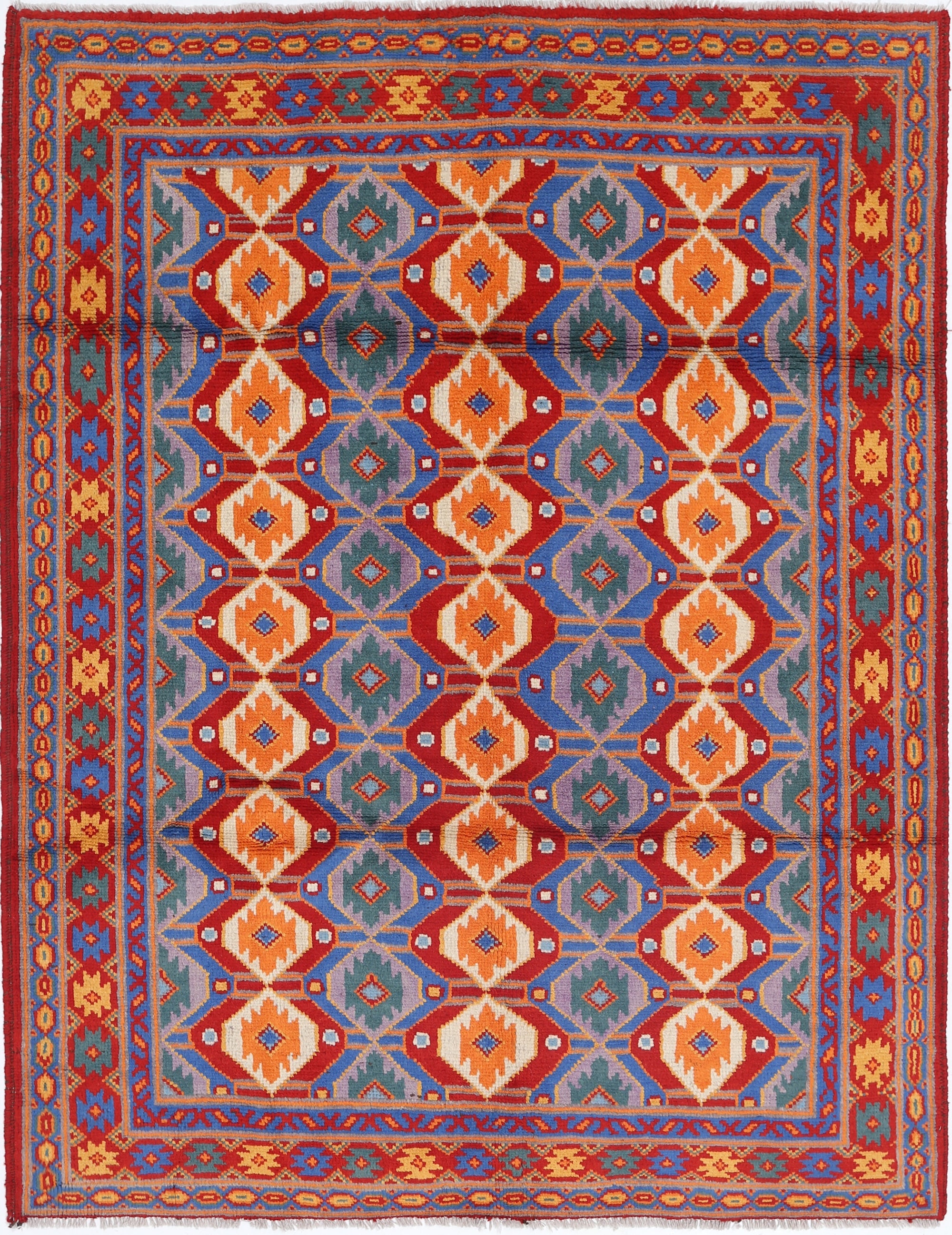 Red Hand-Knotted Tribal Geometric Wool Rug - 4'11" x 6'7"
