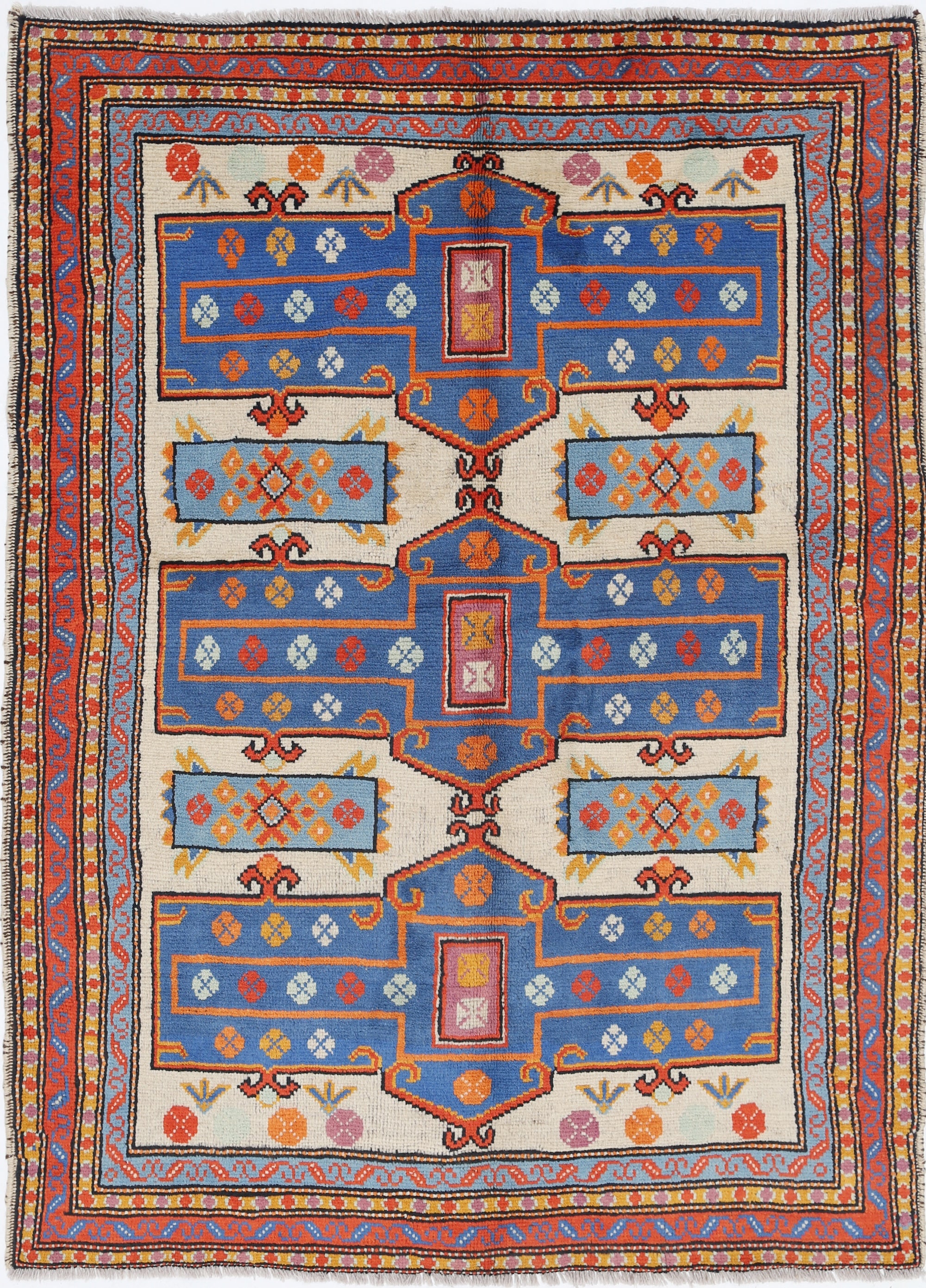 Ivory Hand-Knotted Tribal Geometric Wool Rug - 4'10" x 6'7"