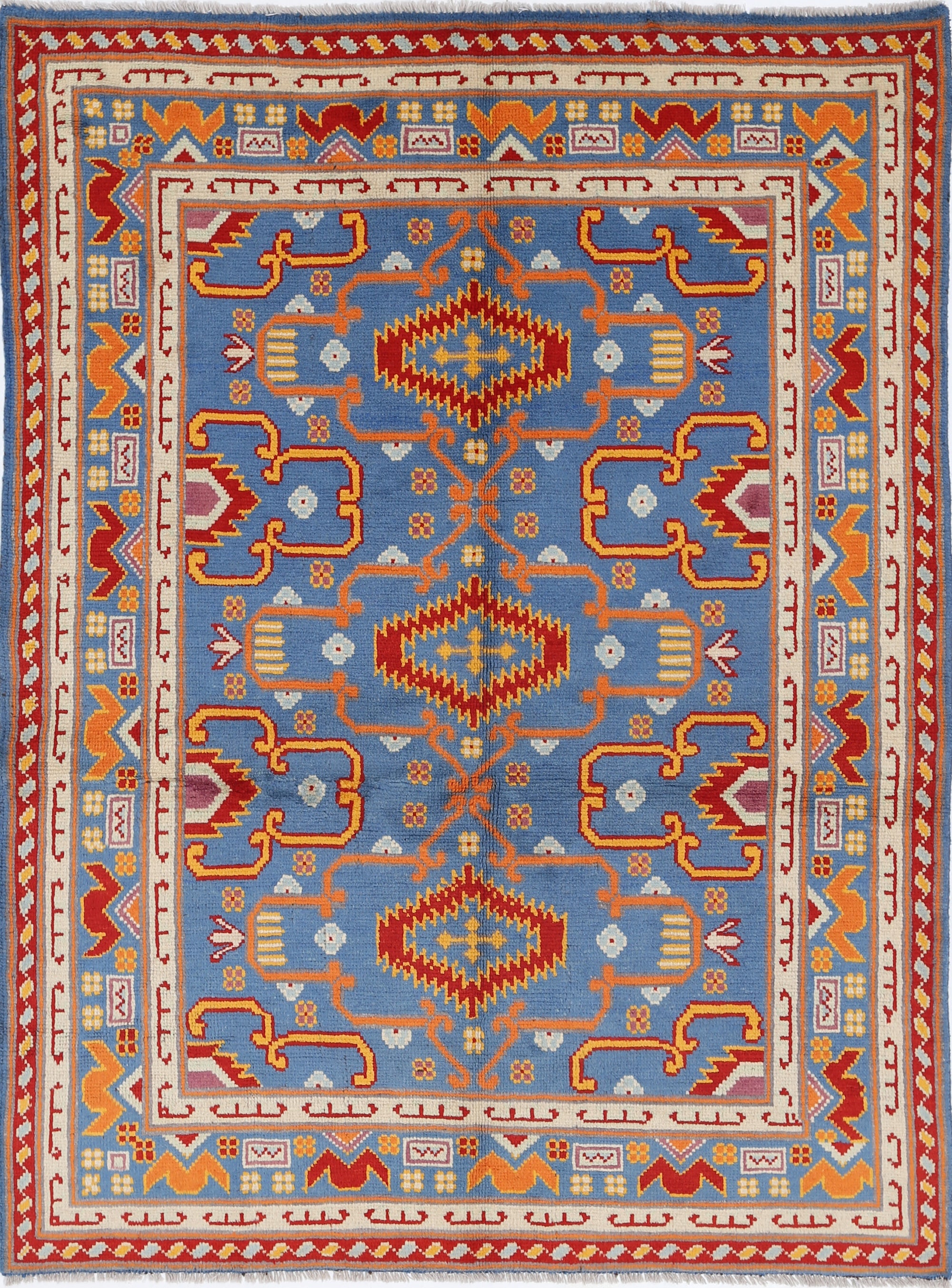 Blue Hand-Knotted Tribal Geometric Wool Rug - 4'11" x 6'7"