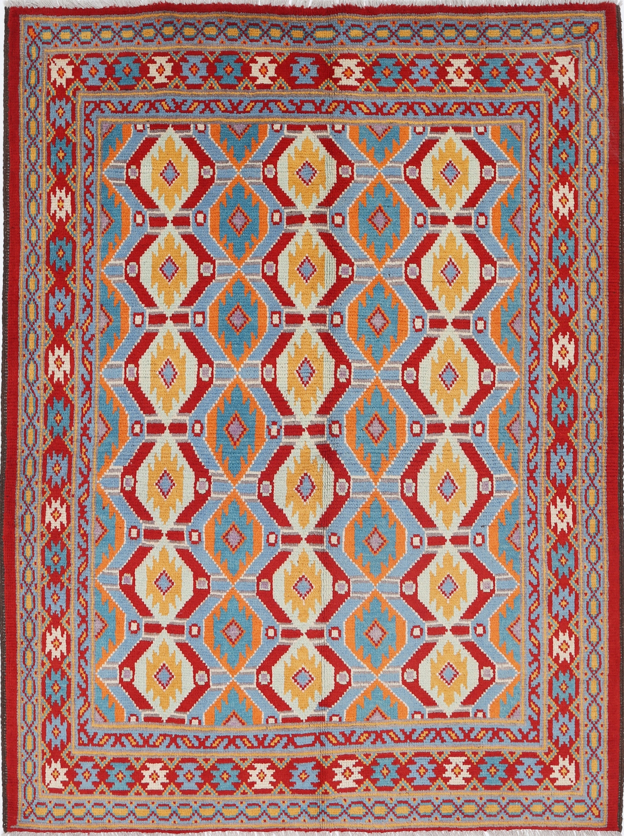 Red Hand-Knotted Tribal Geometric Wool Rug - 4'11" x 6'9"