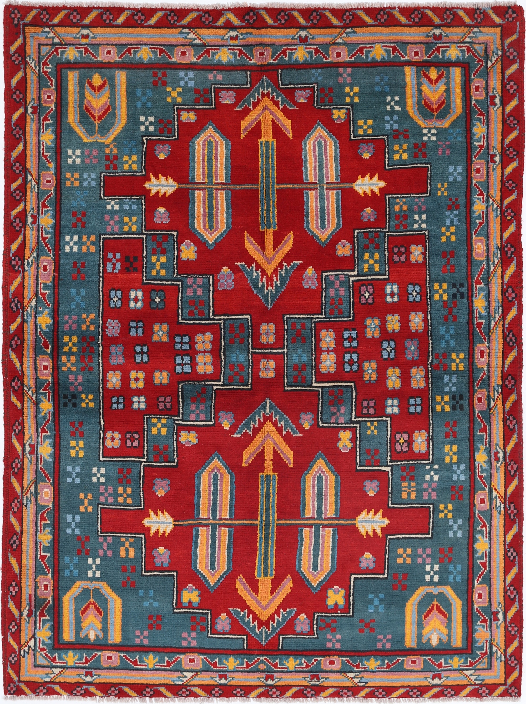Green Hand-Knotted Tribal Geometric Wool Rug - 5'0" x 6'8"