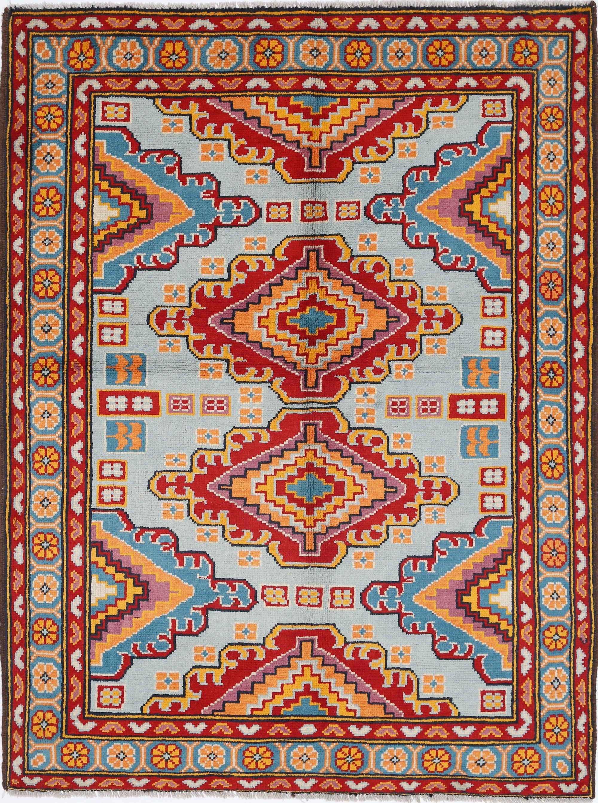 Blue Hand-Knotted Tribal Geometric Wool Rug - 4'11" x 6'7"