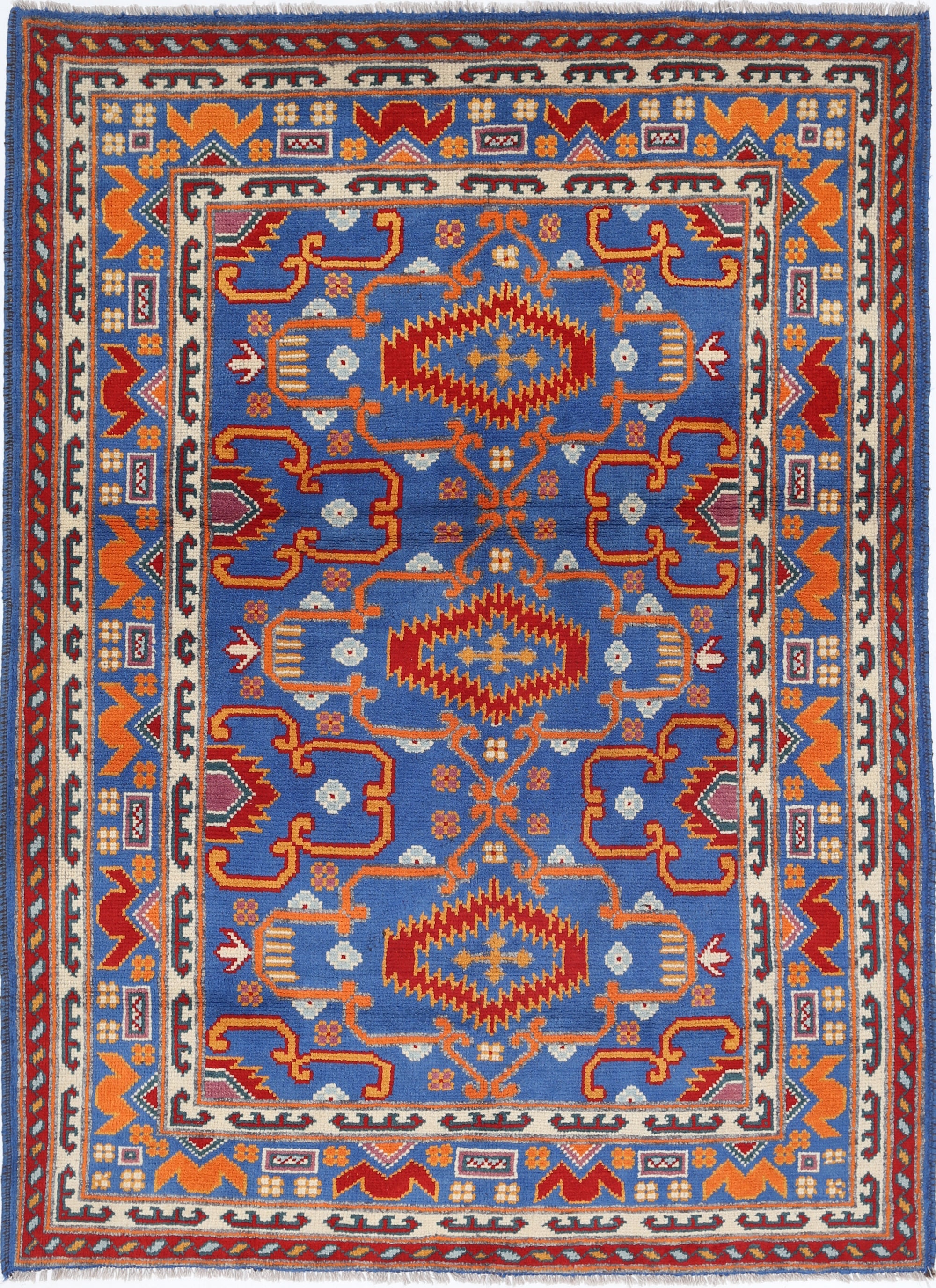 Blue Hand-Knotted Tribal Geometric Wool Rug - 5'1" x 7'0"