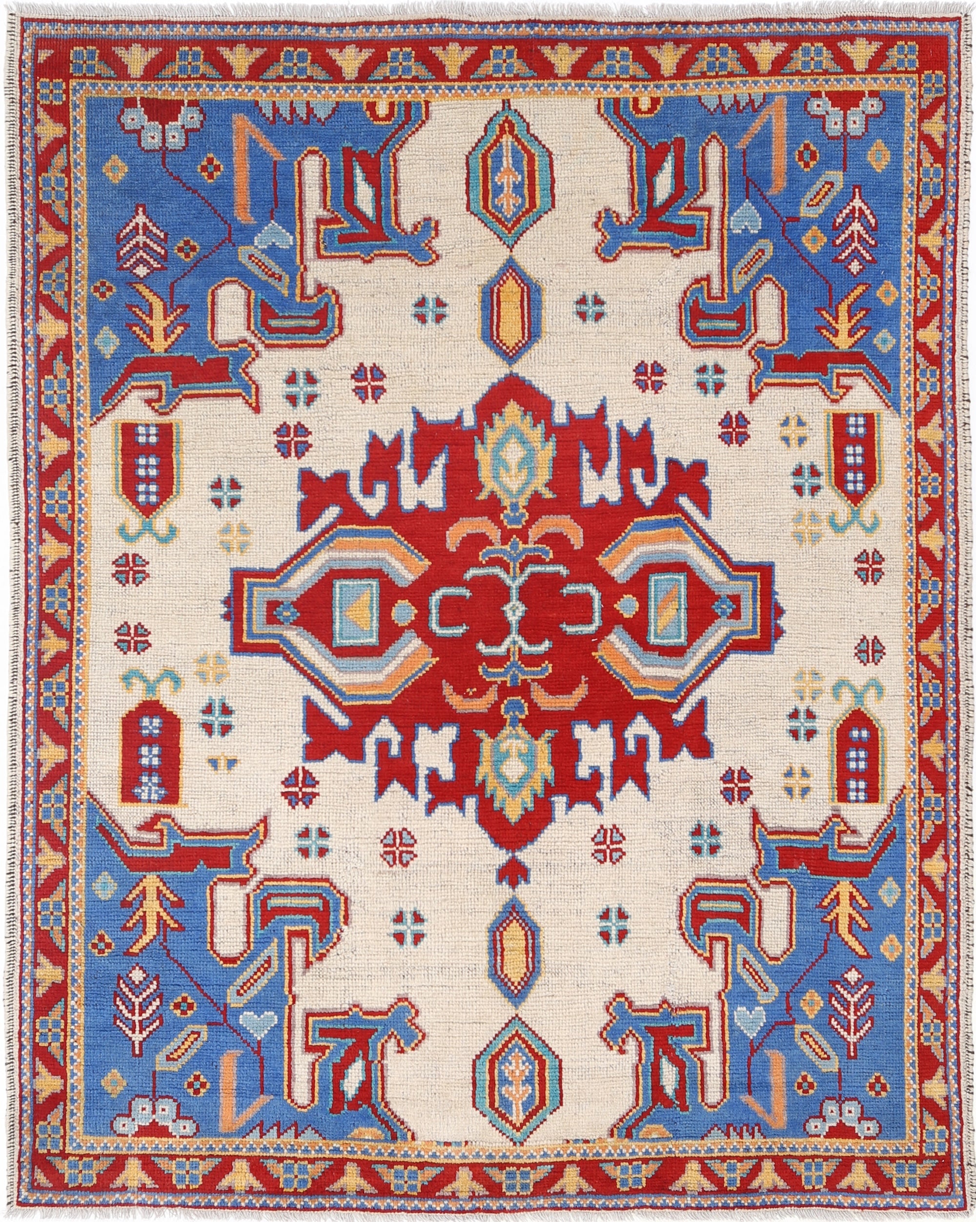 Ivory Hand-Knotted Tribal Geometric Wool Rug - 4'11" x 6'2"