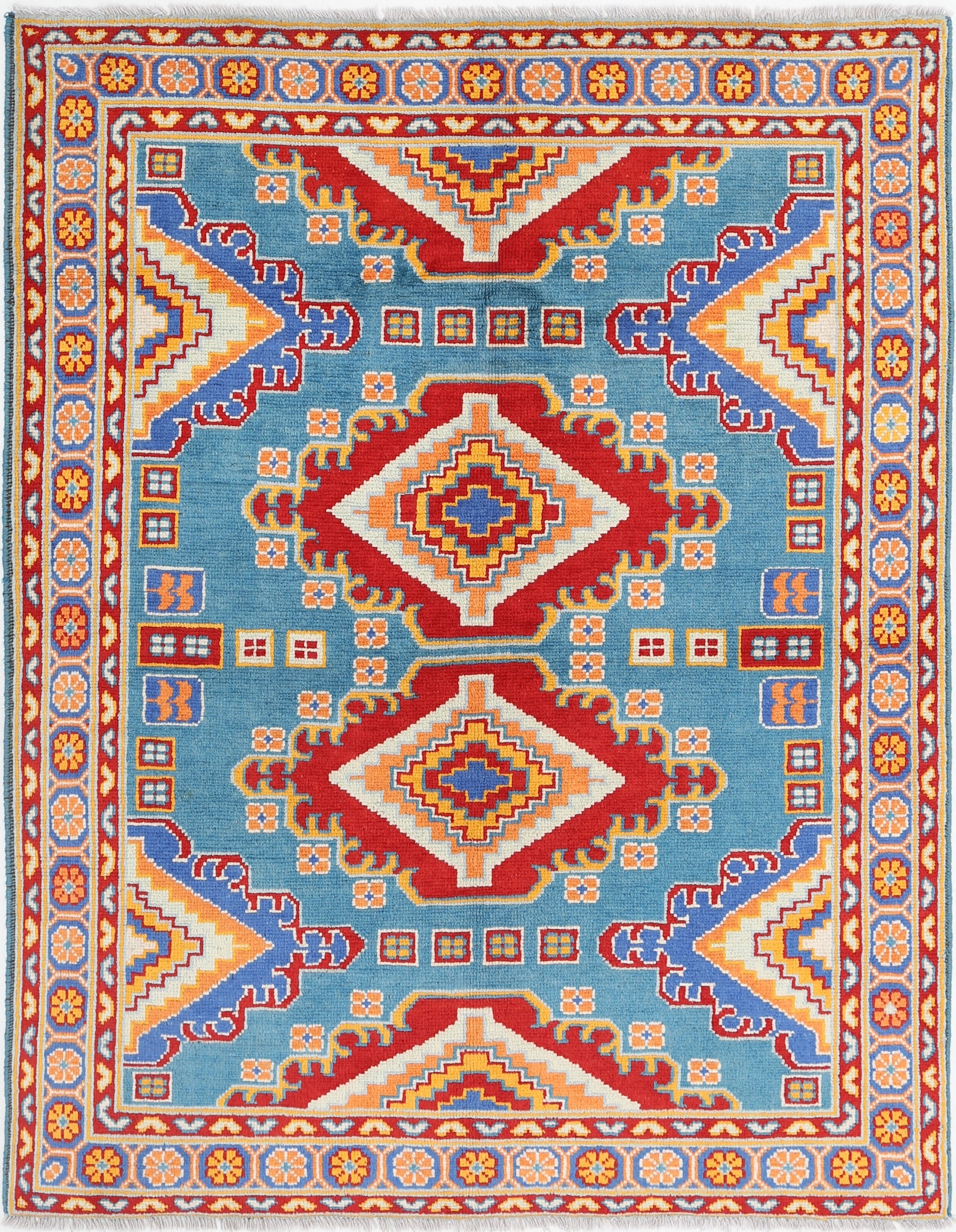 Teal Hand-Knotted Tribal Geometric Wool Rug - 5'0" x 6'7"