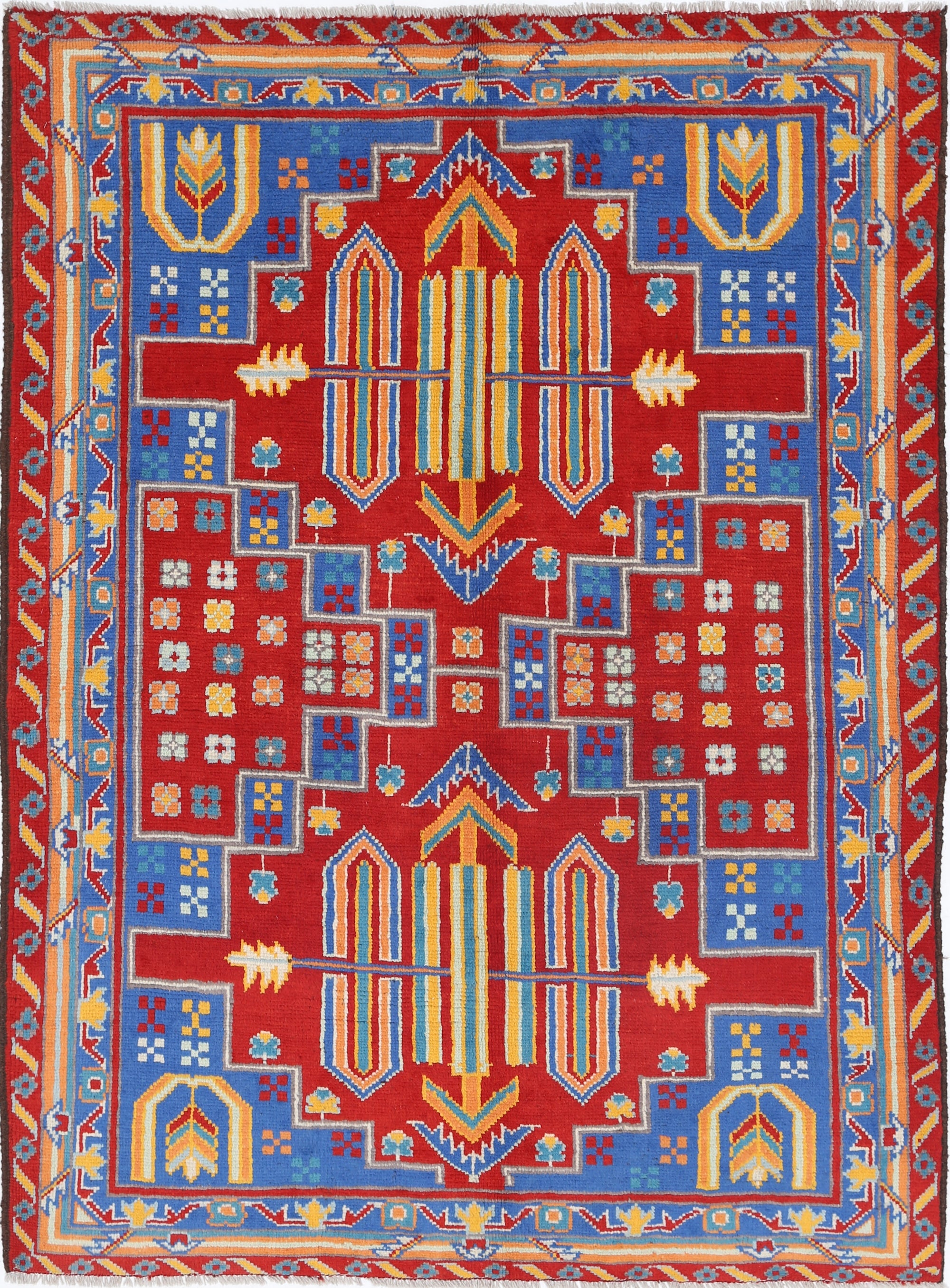 Blue Hand-Knotted Tribal Geometric Wool Rug - 5'0" x 6'9"