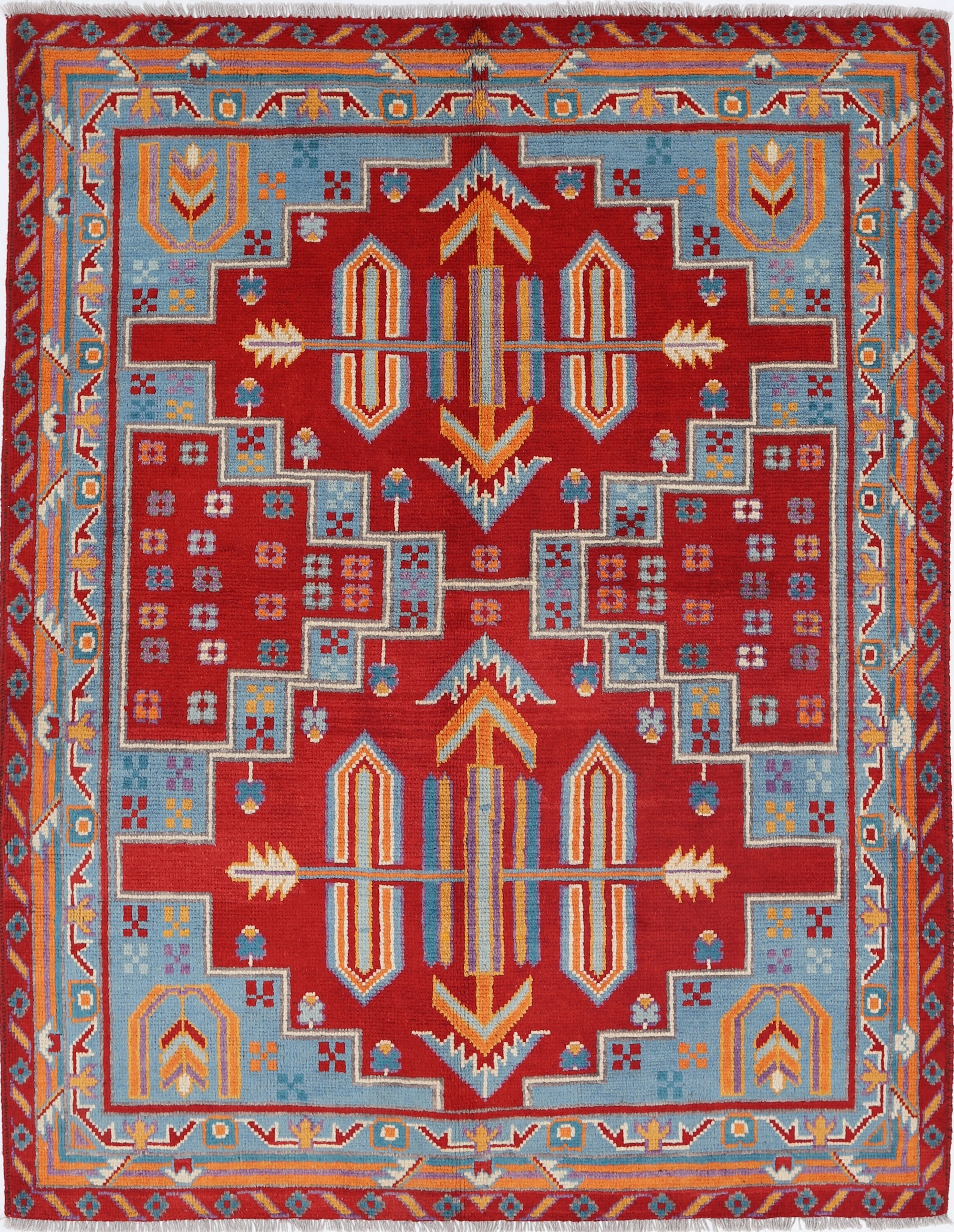 Red Hand-Knotted Tribal Geometric Wool Rug - 5'0" x 6'6"