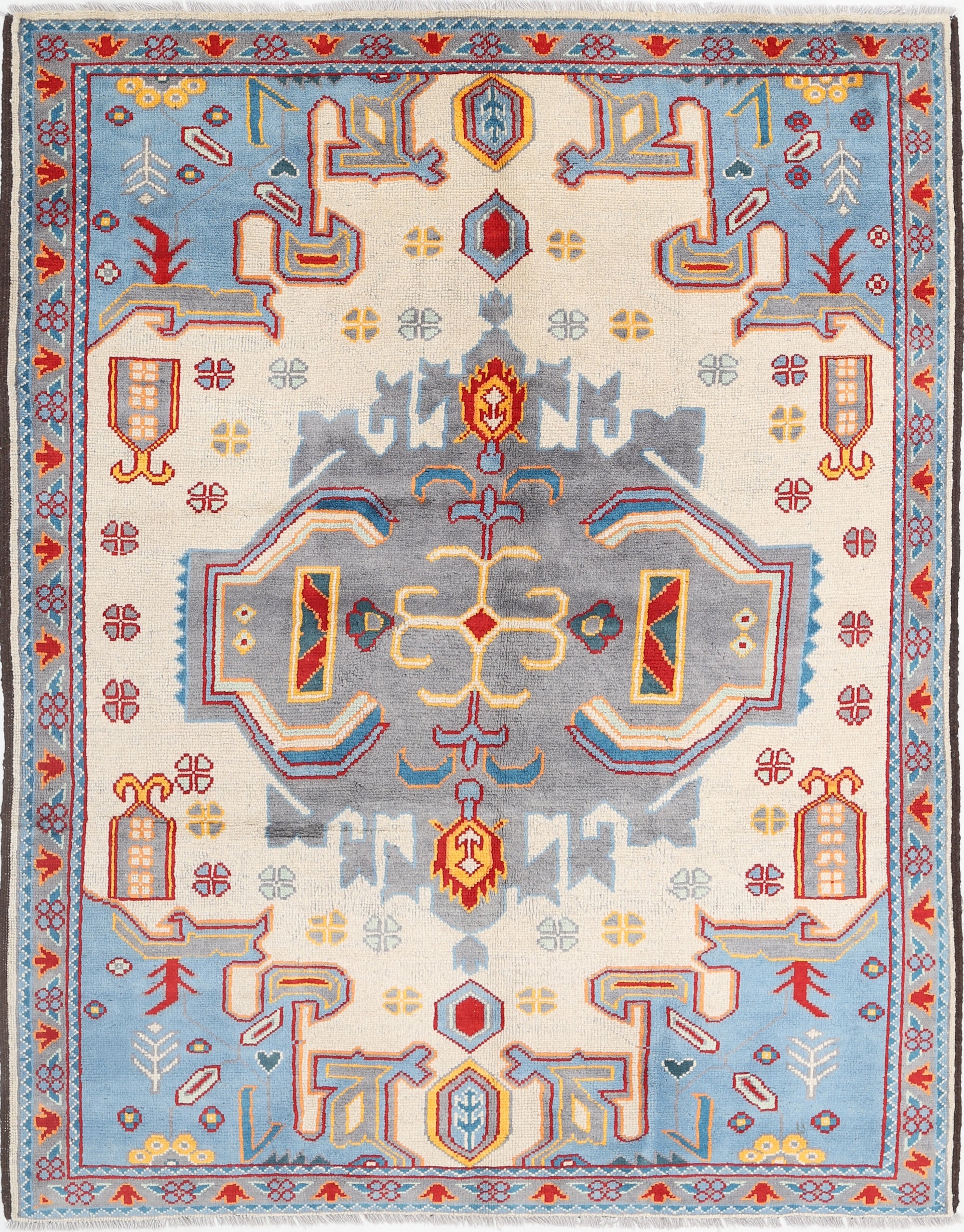 Ivory Hand-Knotted Tribal Geometric Wool Rug - 5'8" x 7'7"