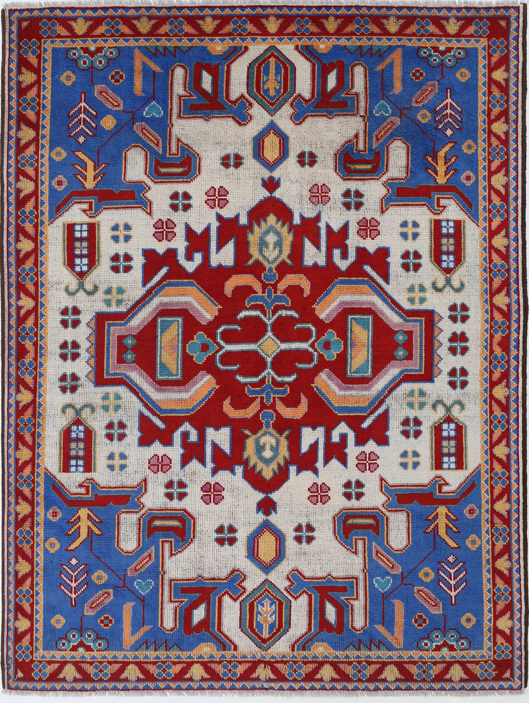 Ivory Hand-Knotted Tribal Geometric Wool Rug - 5'8" x 7'8"