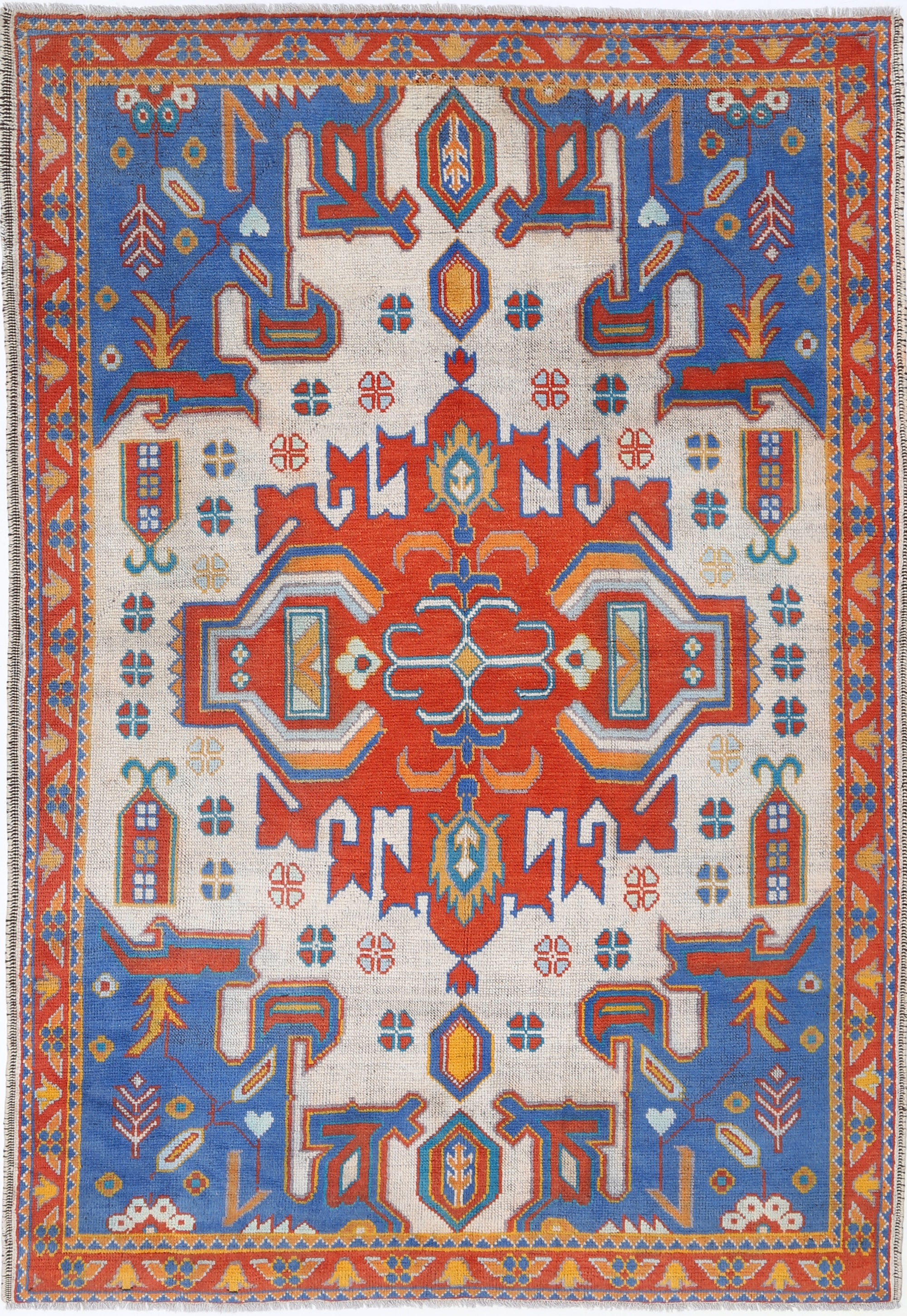 Ivory Hand-Knotted Tribal Geometric Wool Rug - 5'6" x 8'2"