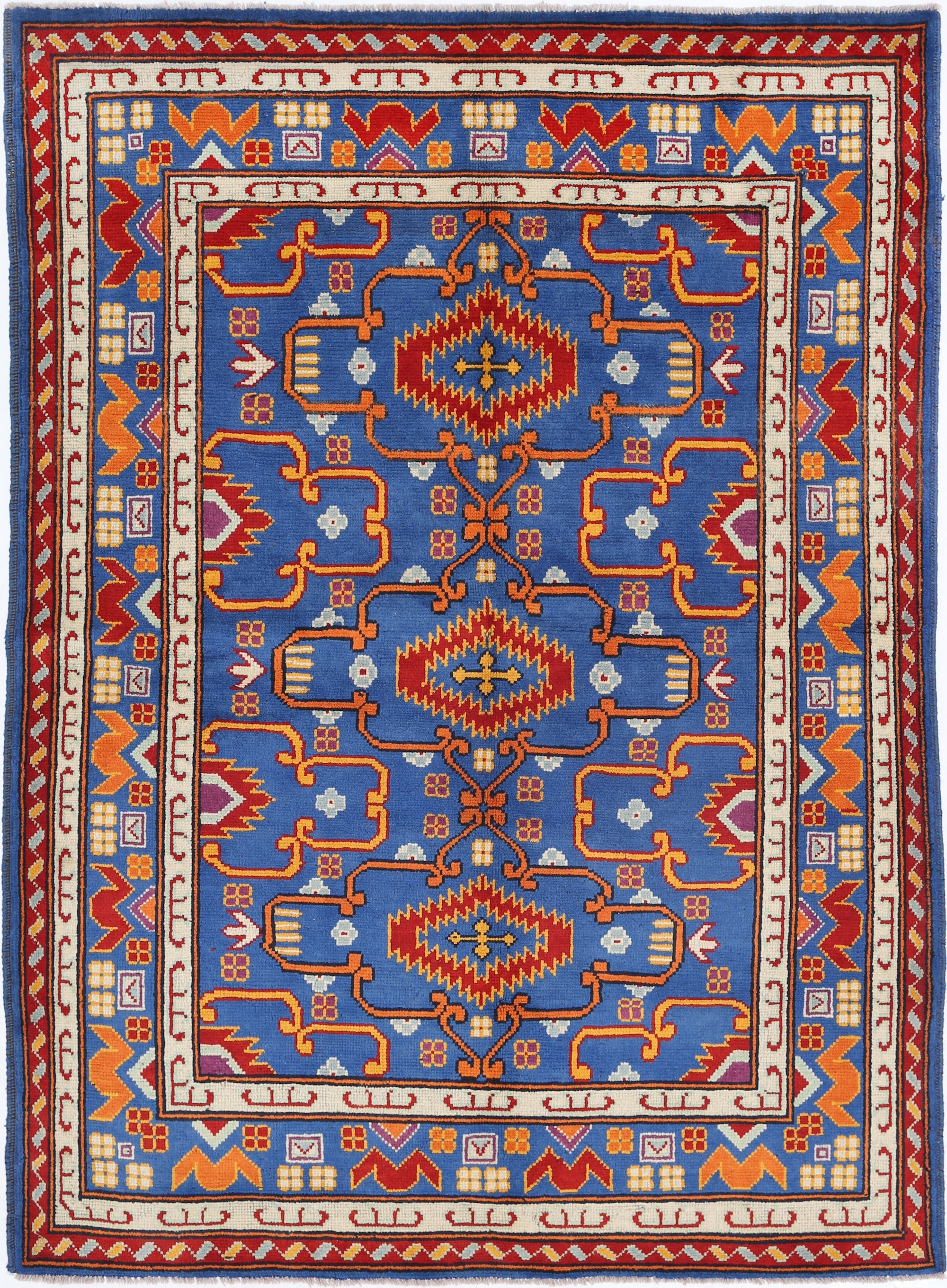 Blue Hand-Knotted Tribal Geometric Wool Rug - 5'9" x 8'0"