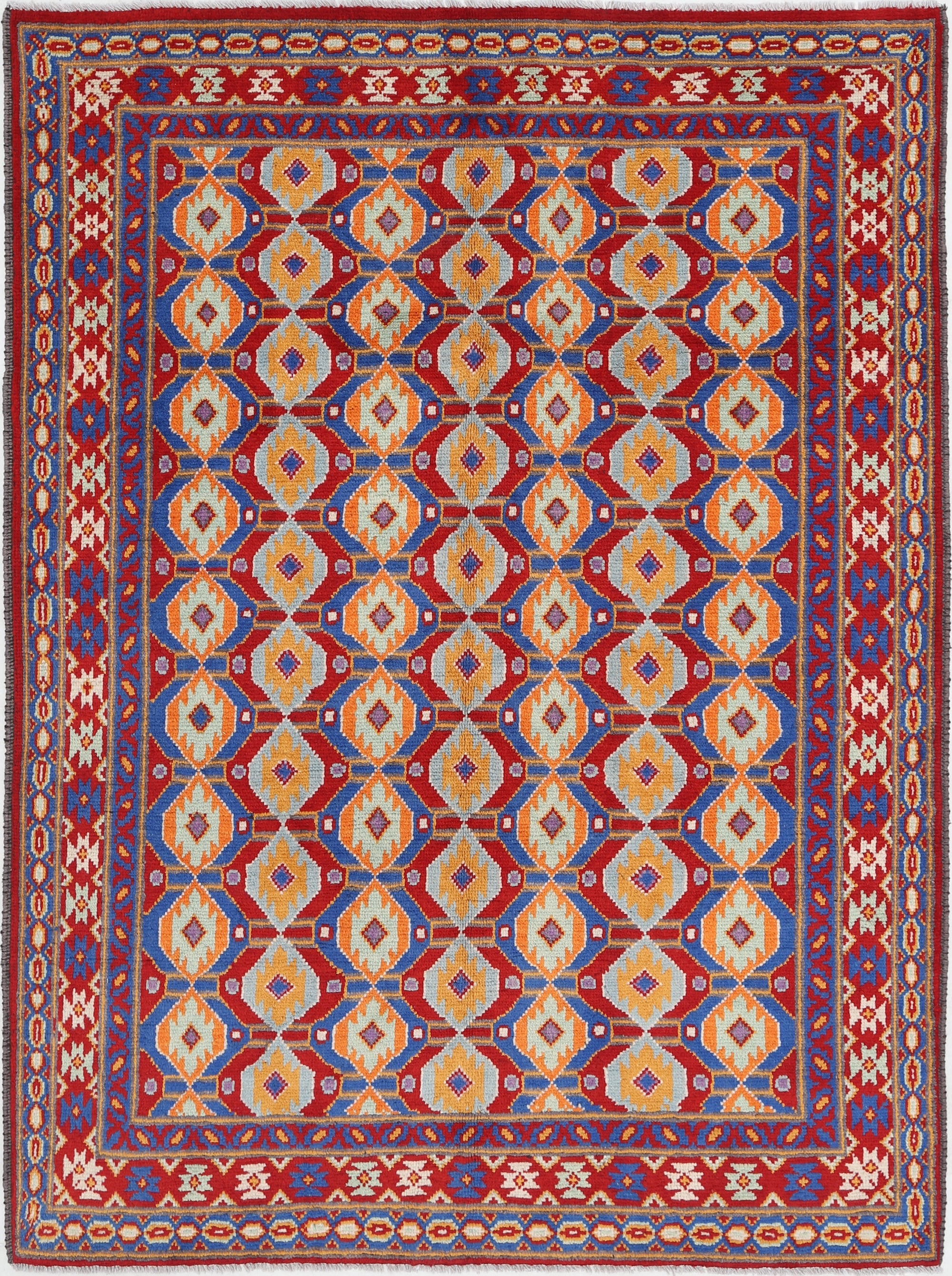 Red Hand-Knotted Tribal Geometric Wool Rug - 5'7" x 7'7"
