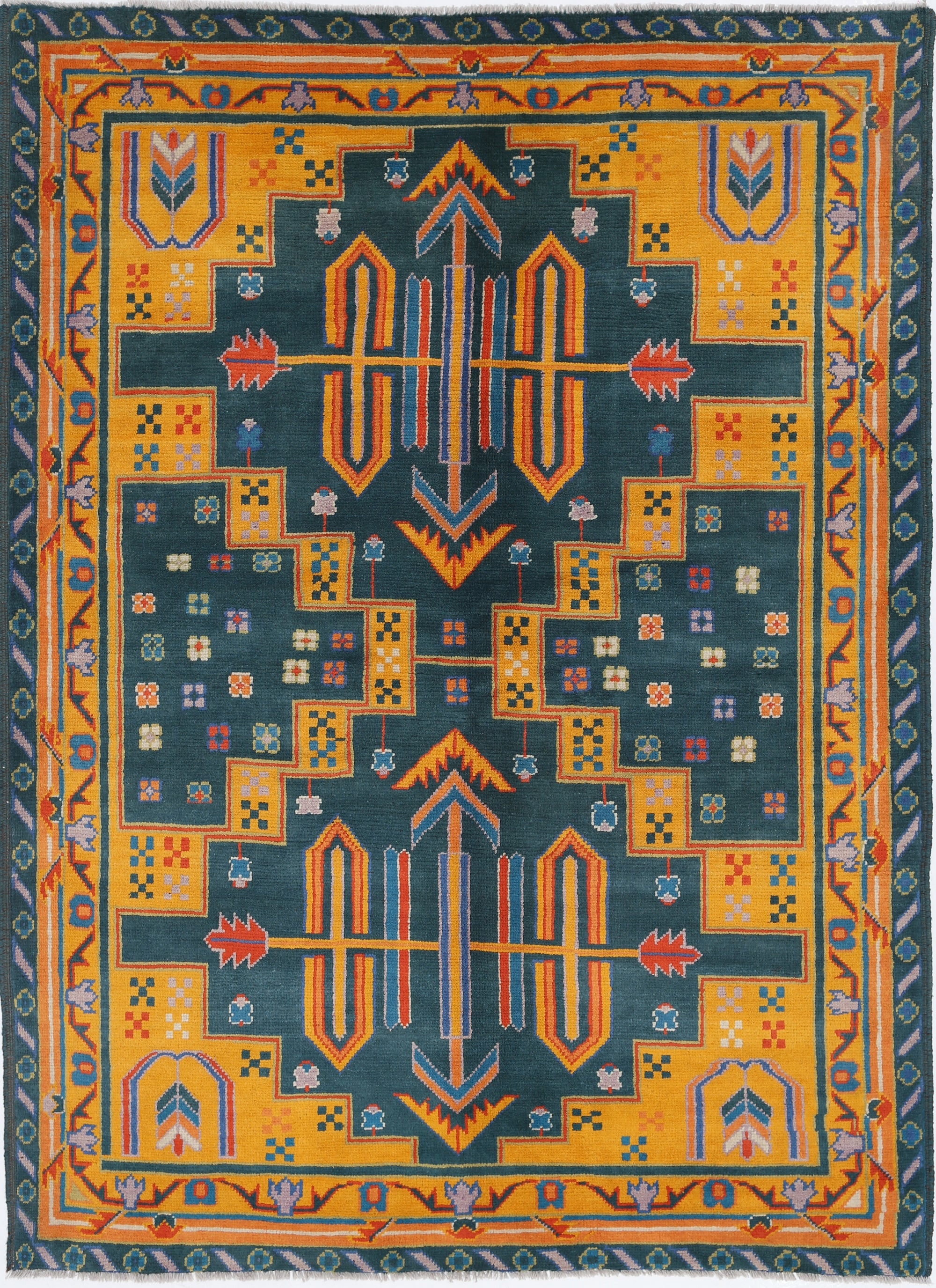 Green Hand-Knotted Tribal Geometric Wool Rug - 5'9" x 7'10"