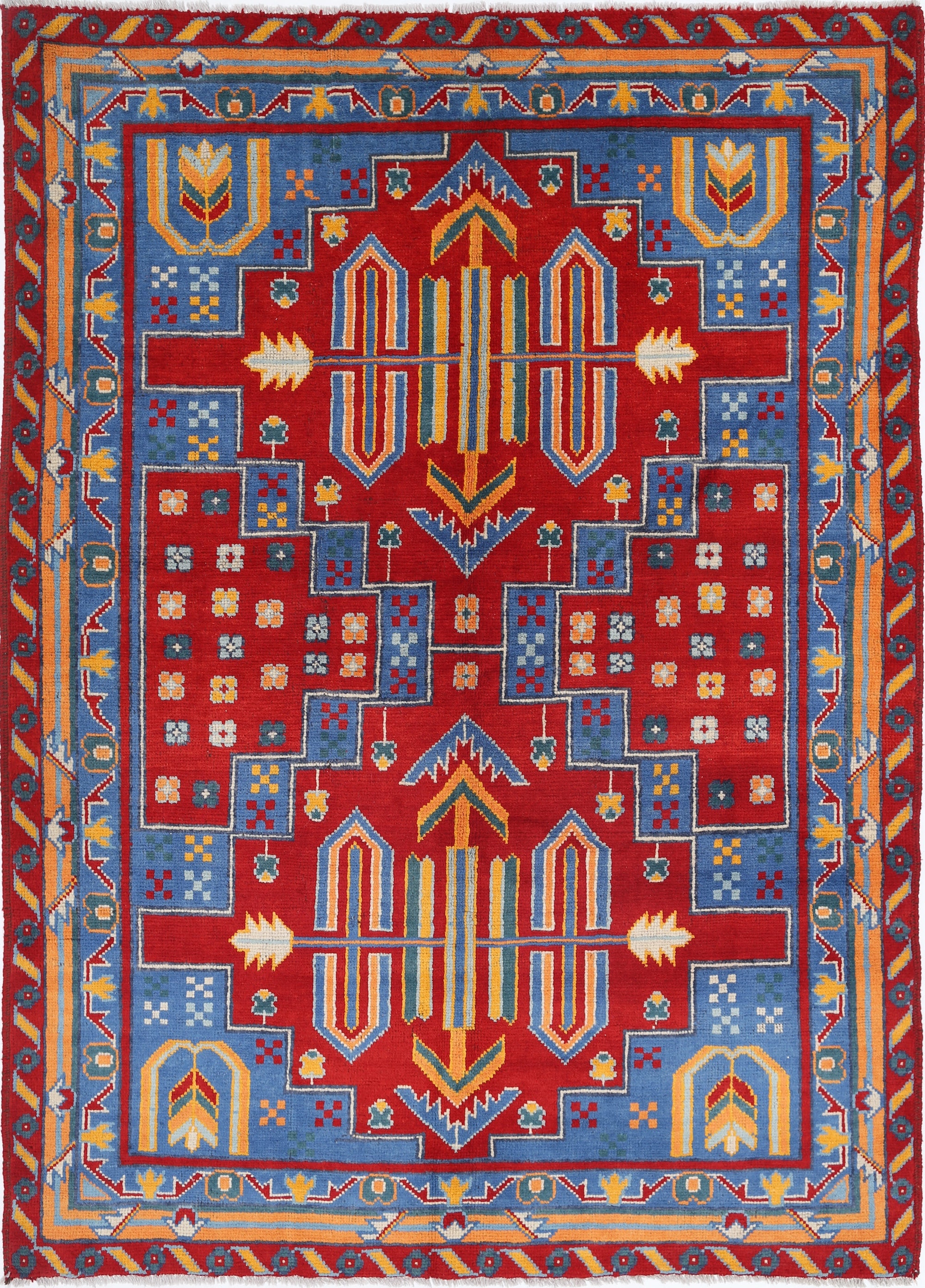 Blue Hand-Knotted Tribal Geometric Wool Rug - 5'7" x 7'10"