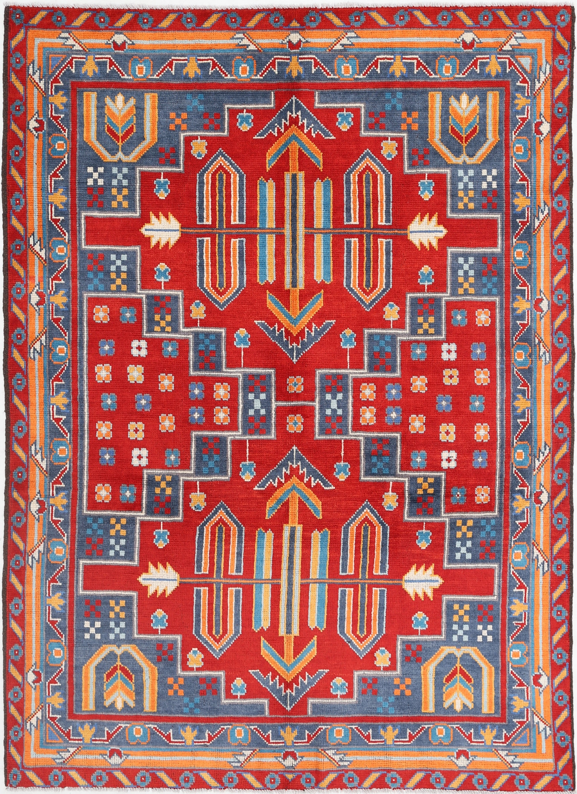 Red Hand-Knotted Tribal Geometric Wool Rug - 5'8" x 7'11"