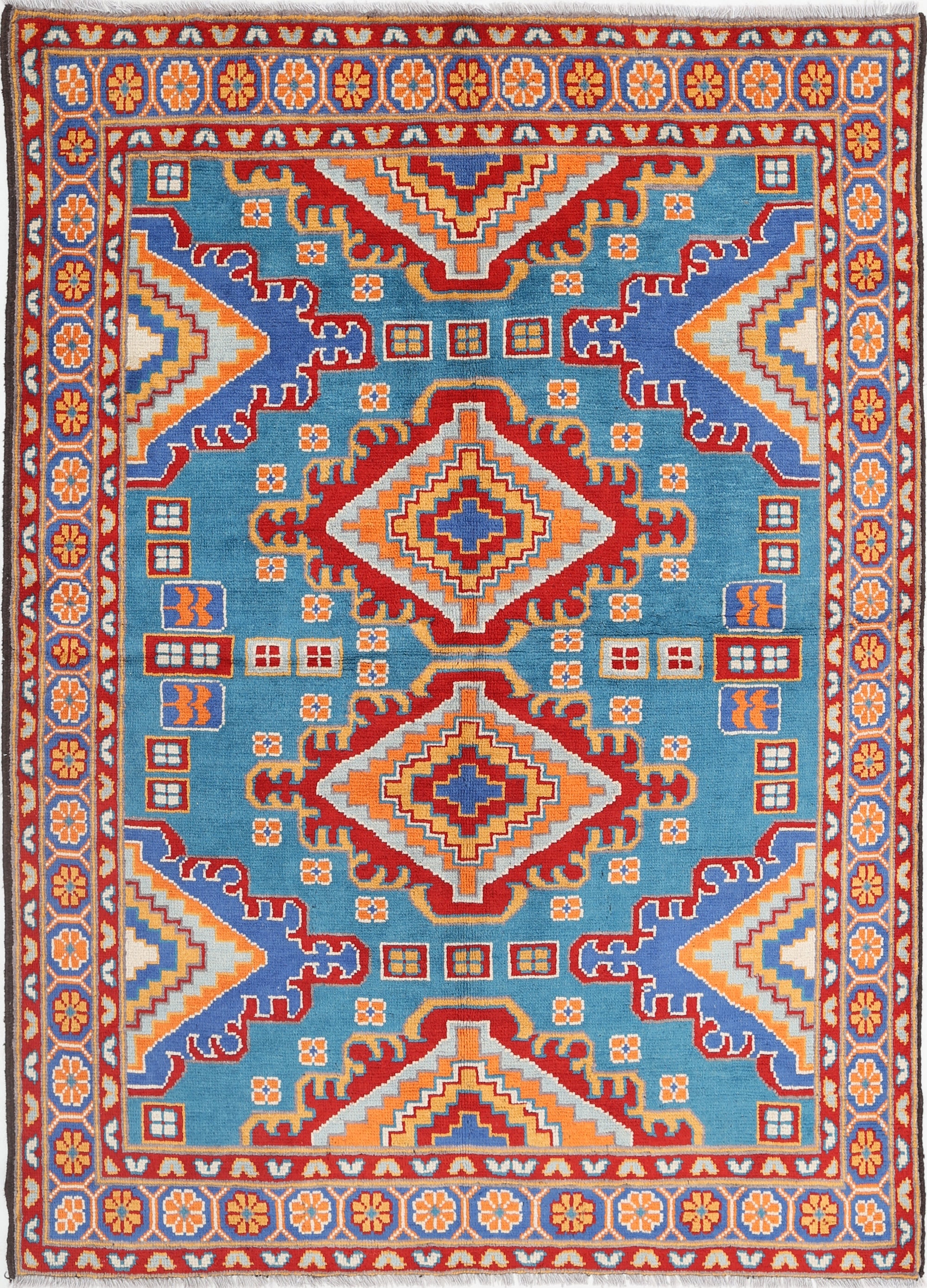 Teal Hand-Knotted Tribal Geometric Wool Rug - 5'8" x 8'0"