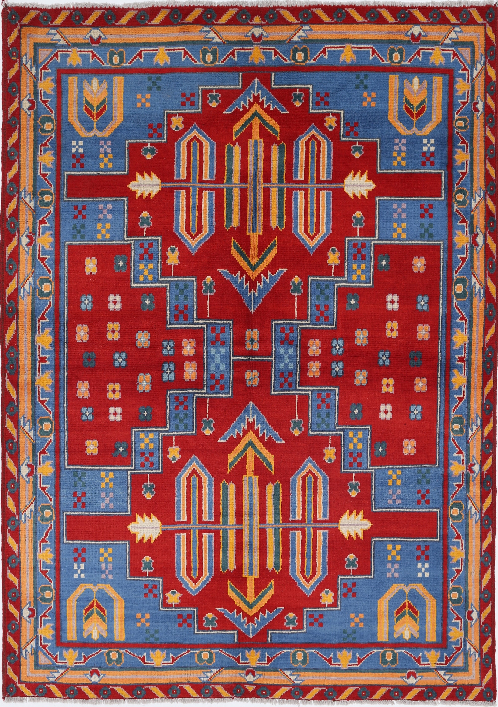 Blue Hand-Knotted Tribal Geometric Wool Rug - 5'9" x 8'1"