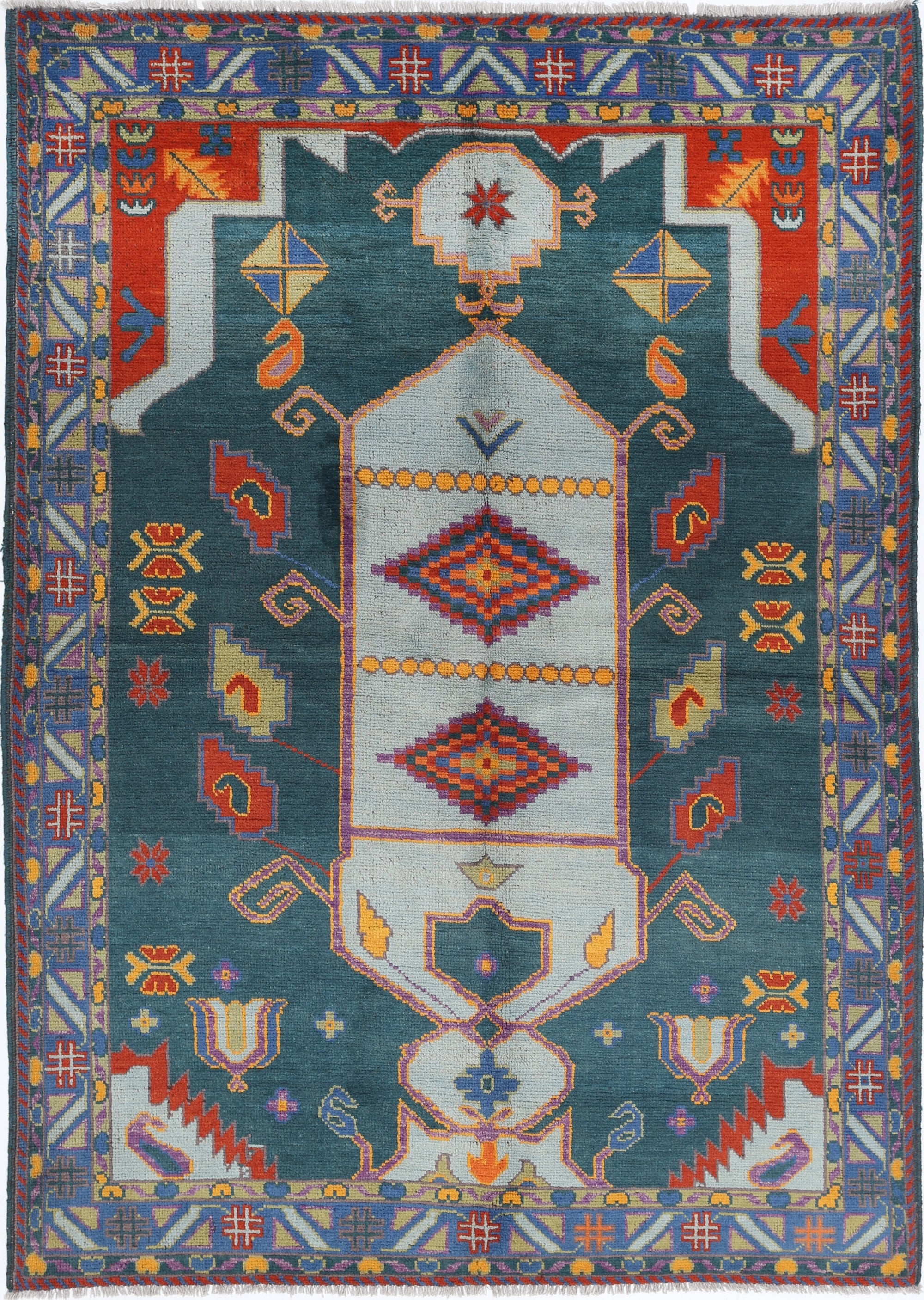 Green Hand-Knotted Tribal Geometric Wool Rug - 5'7" x 7'11"