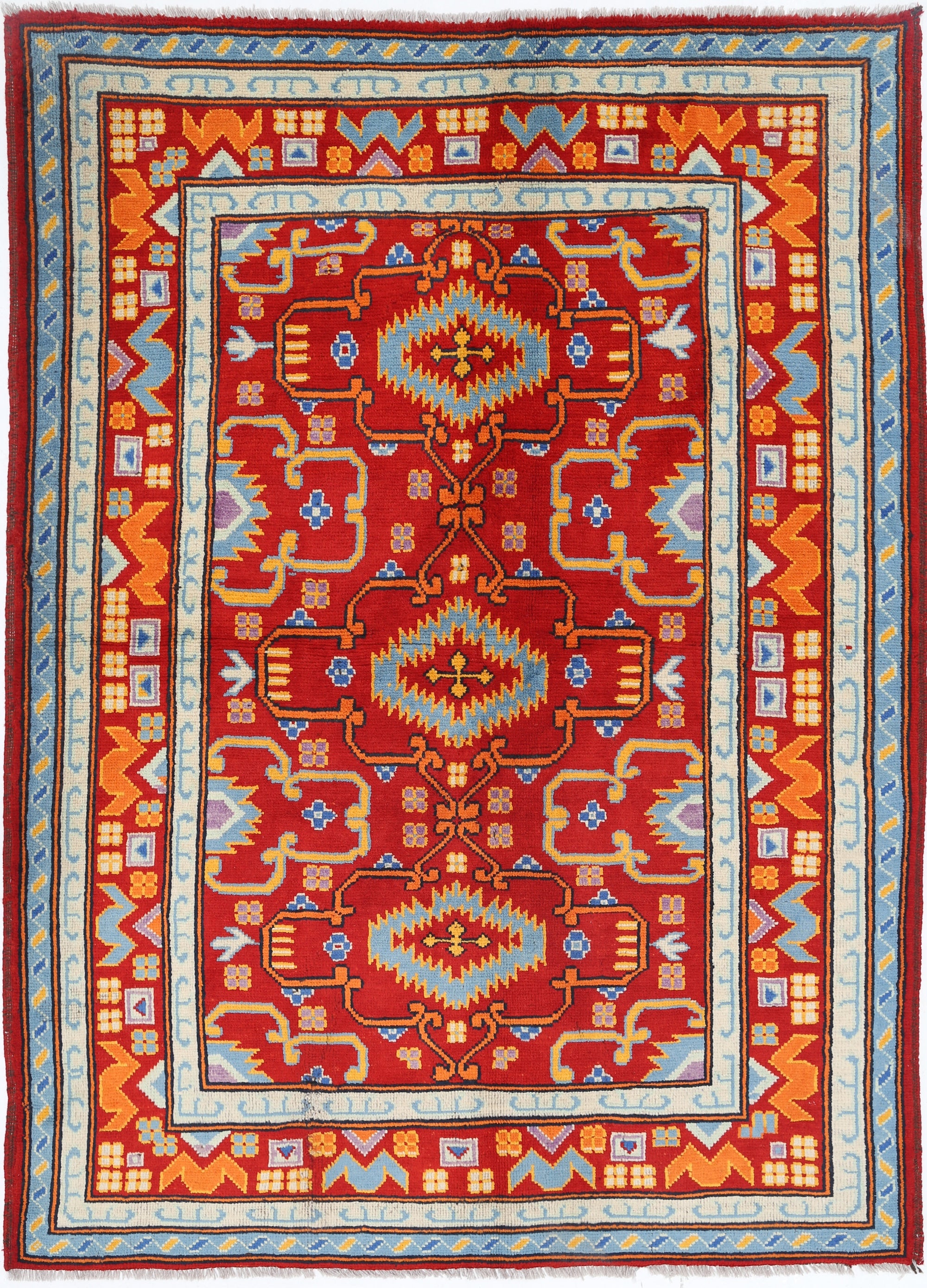 Red Hand-Knotted Tribal Geometric Wool Rug - 5'8" x 7'11"