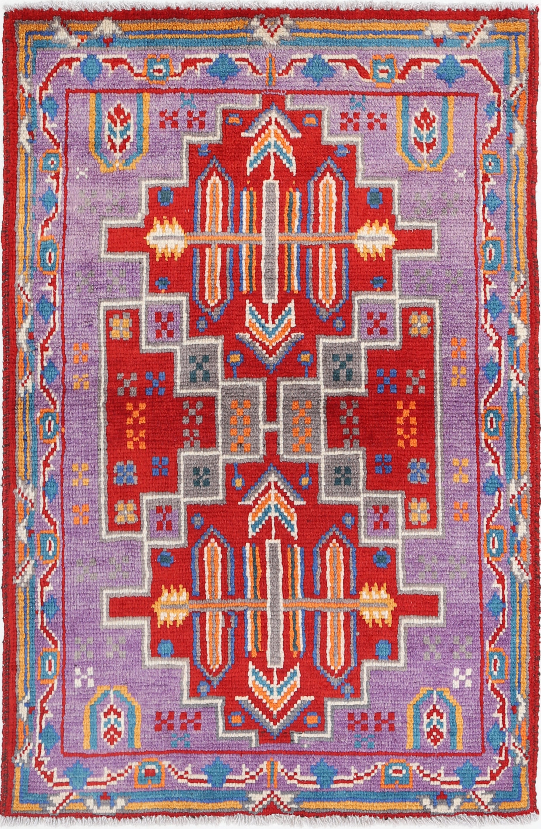 Purple Hand-Knotted Tribal Geometric Wool Rug - 2'8" x 4'1"