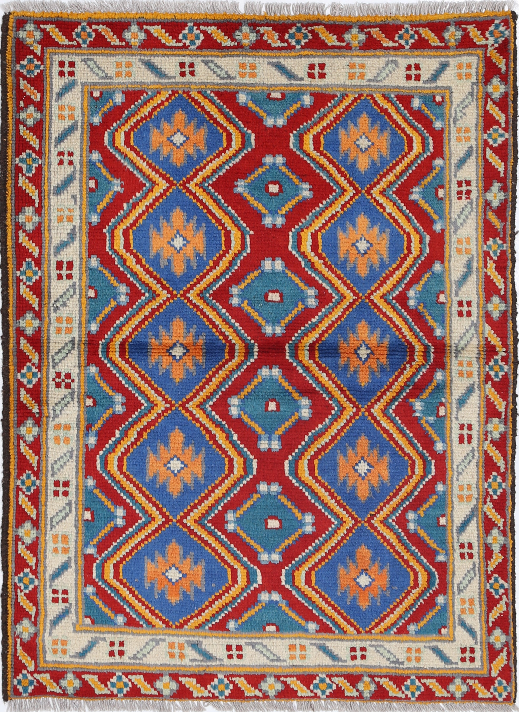 Red Hand-Knotted Tribal Geometric Wool Rug - 2'10" x 4'0"