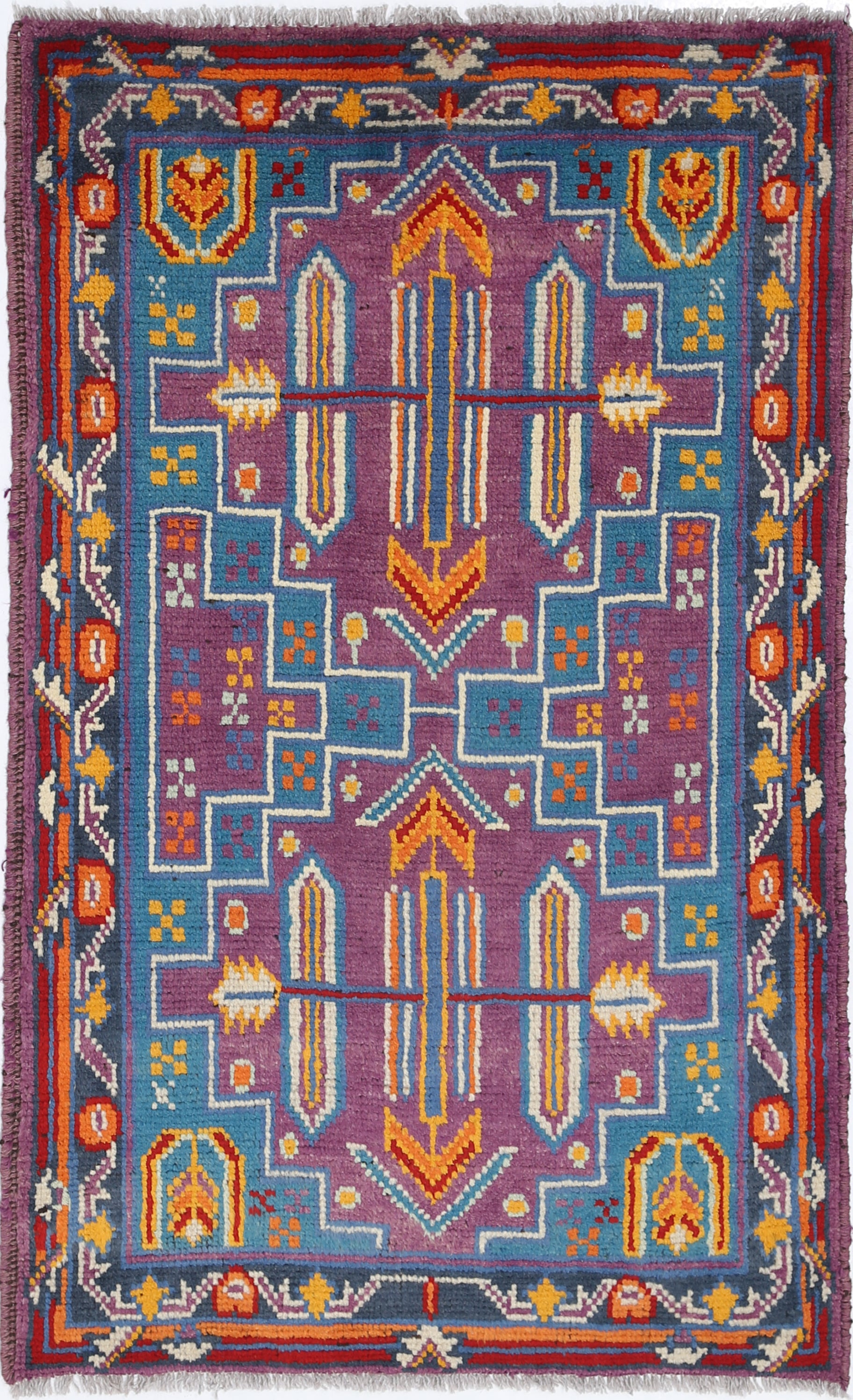 Purple Hand-Knotted Tribal Geometric Wool Rug - 2'9" x 4'5"