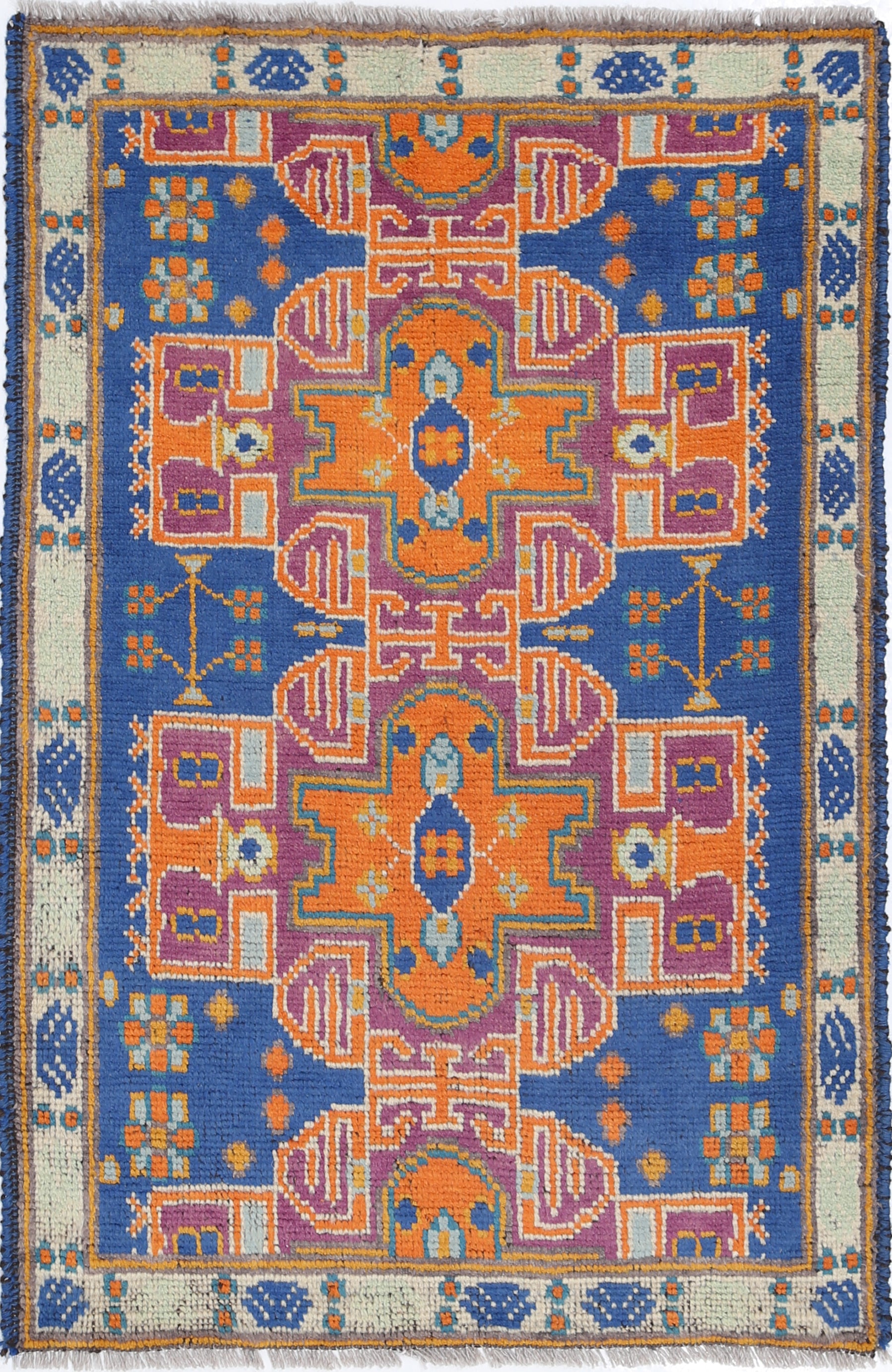 Blue Hand-Knotted Tribal Geometric Wool Rug - 2'10" x 4'2"