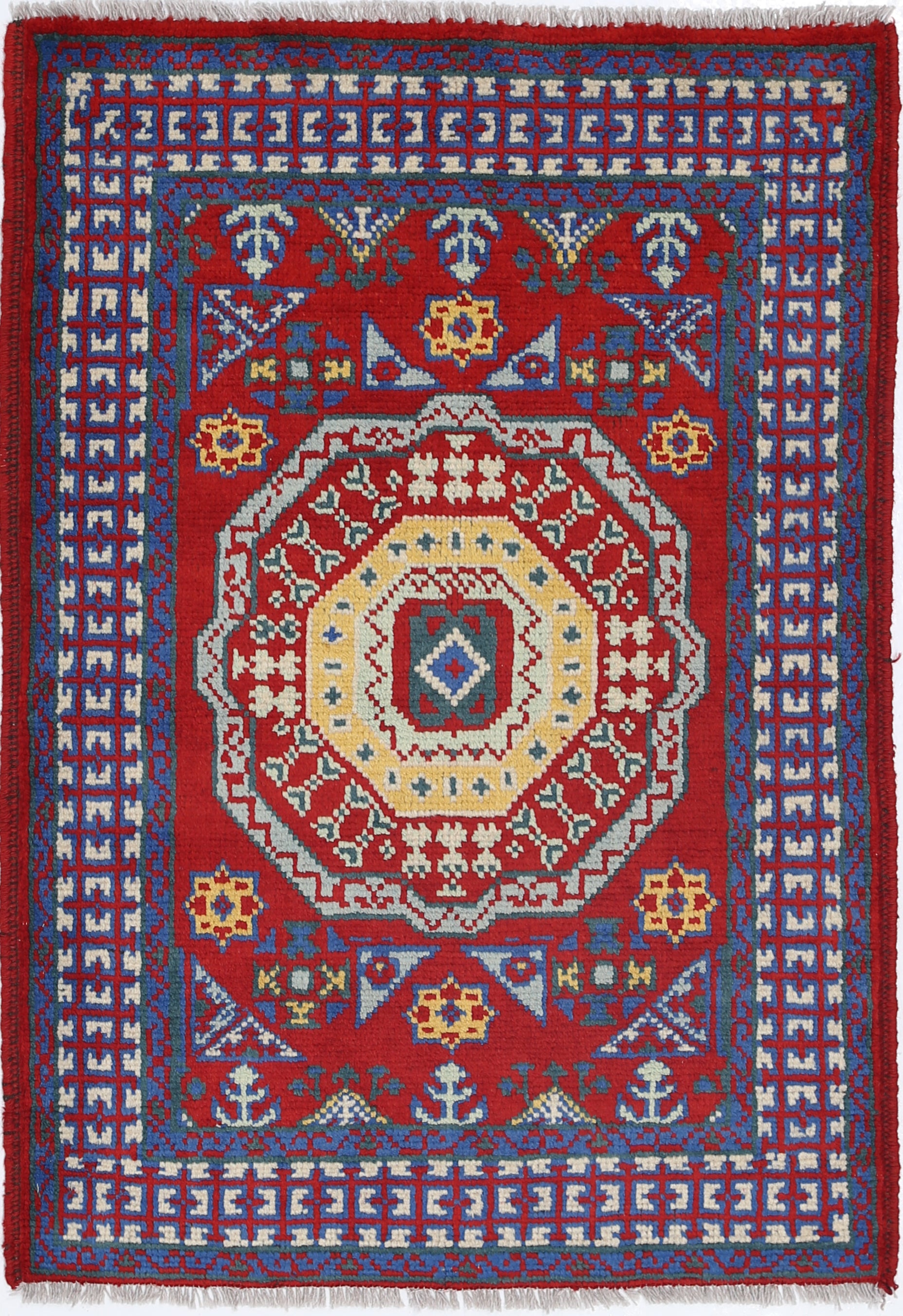 Red Hand-Knotted Tribal Geometric Wool Rug - 2'9" x 4'0"