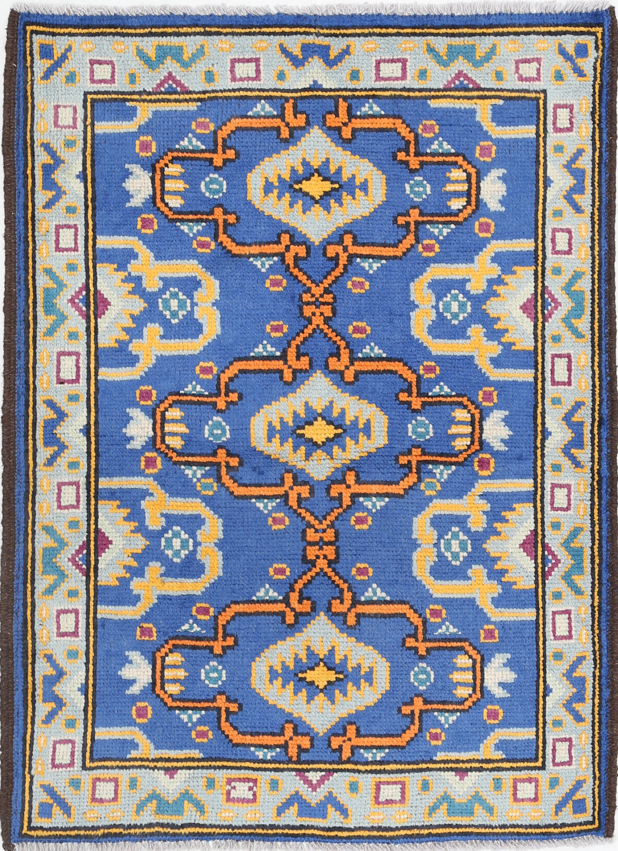 Blue Hand-Knotted Tribal Geometric Wool Rug - 2'10" x 3'10"