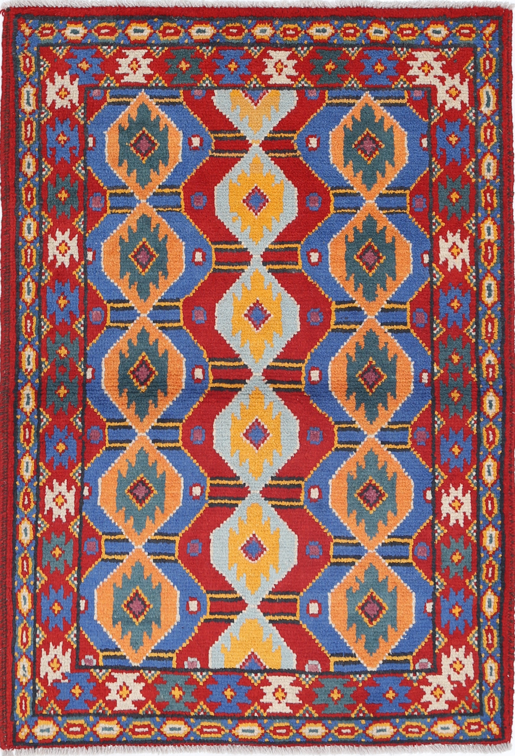 Red Hand-Knotted Tribal Geometric Wool Rug - 3'5" x 4'11"