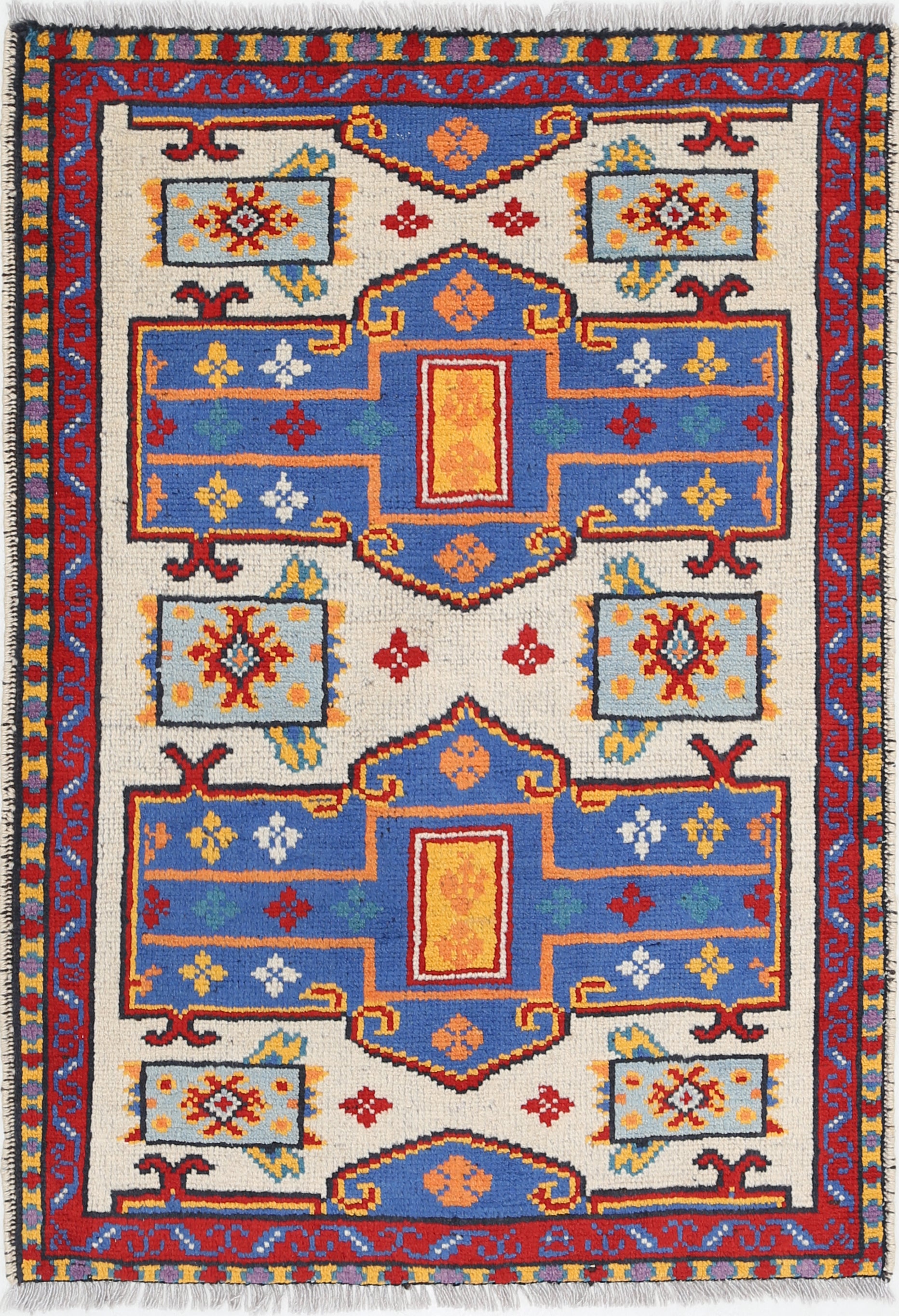 Ivory Hand-Knotted Tribal Geometric Wool Rug - 2'10" x 4'0"