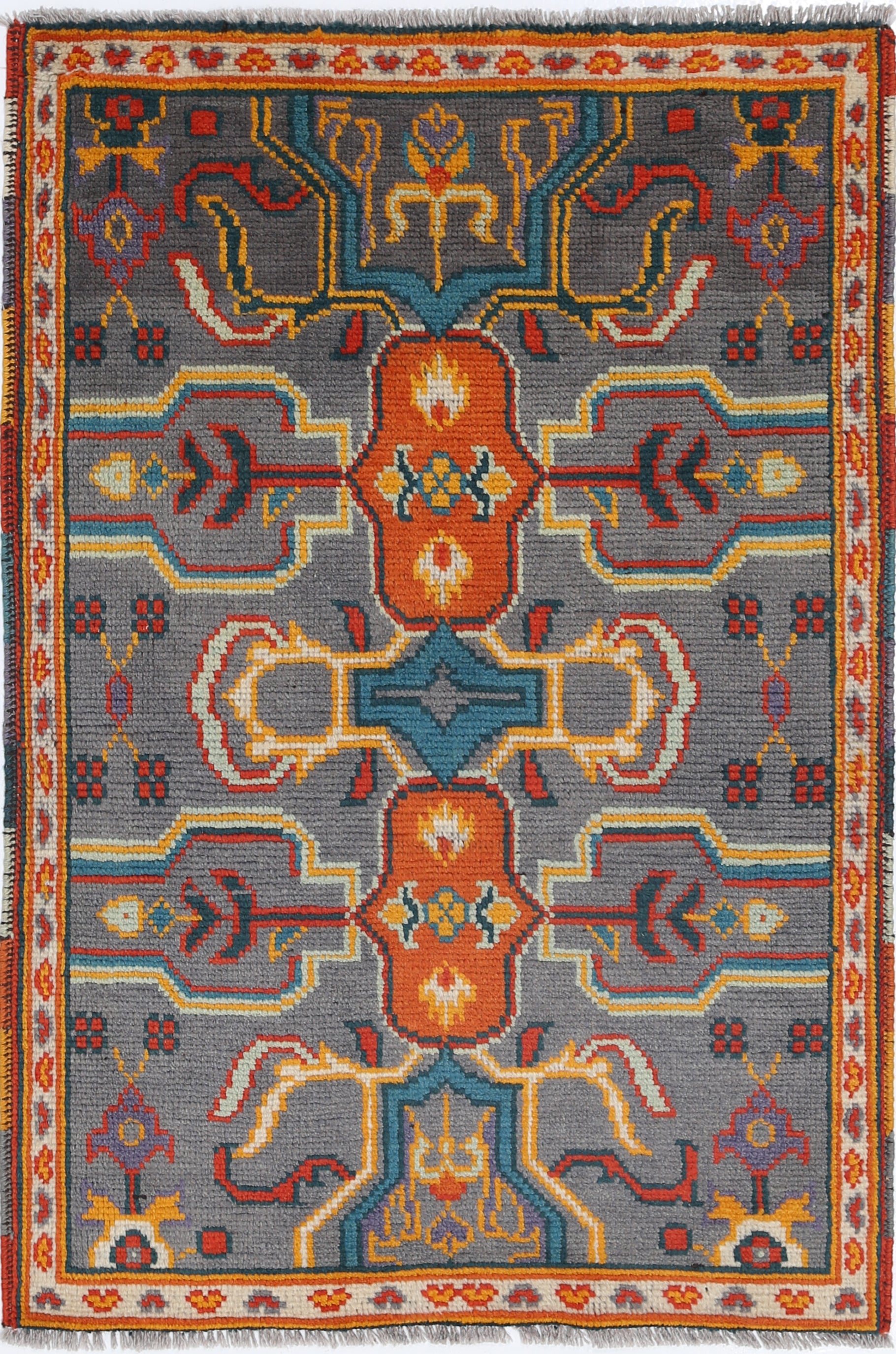 Grey Hand-Knotted Tribal Geometric Wool Rug - 2'9" x 4'1"