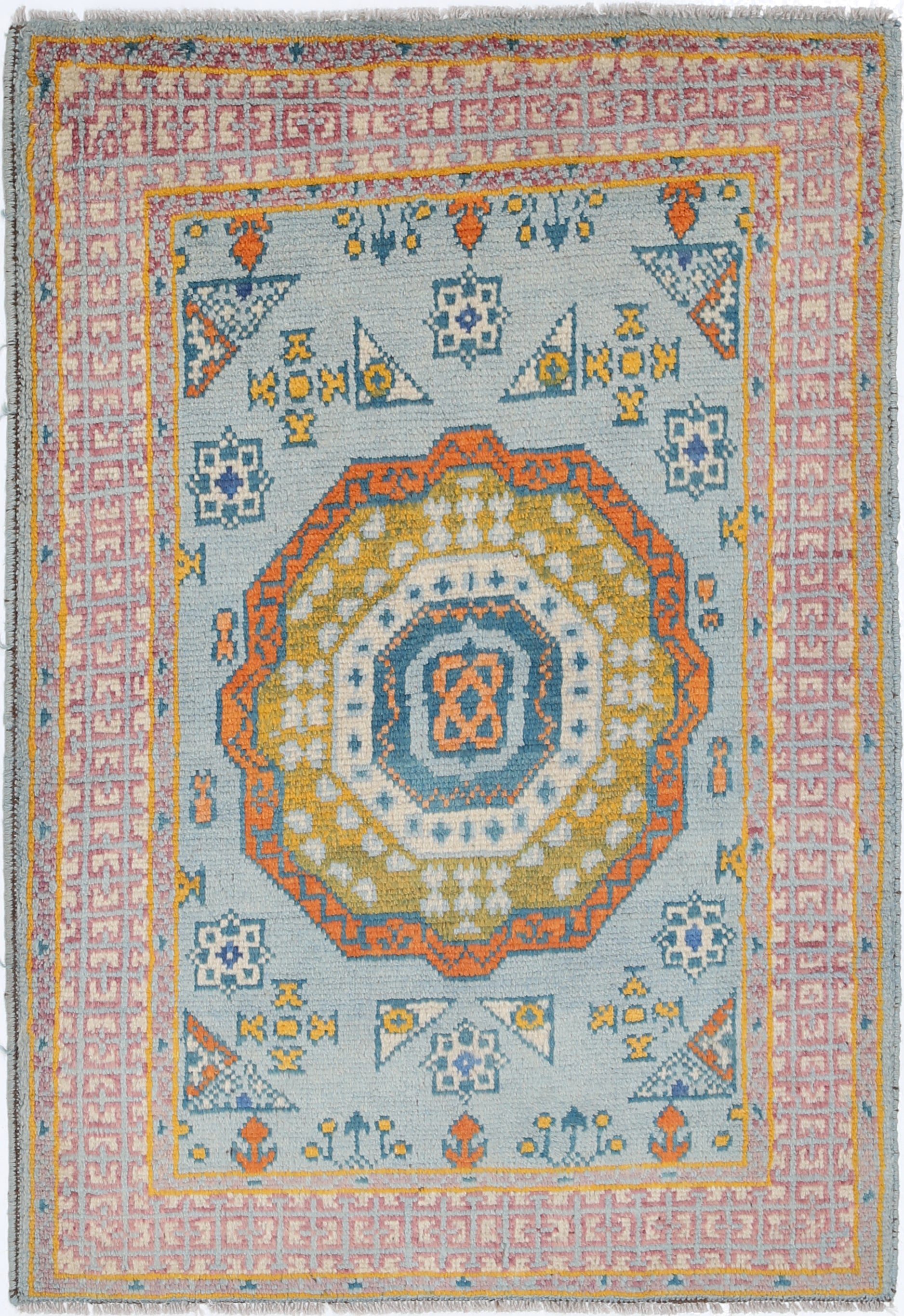 Blue Hand-Knotted Tribal Geometric Wool Rug - 2'10" x 4'2"
