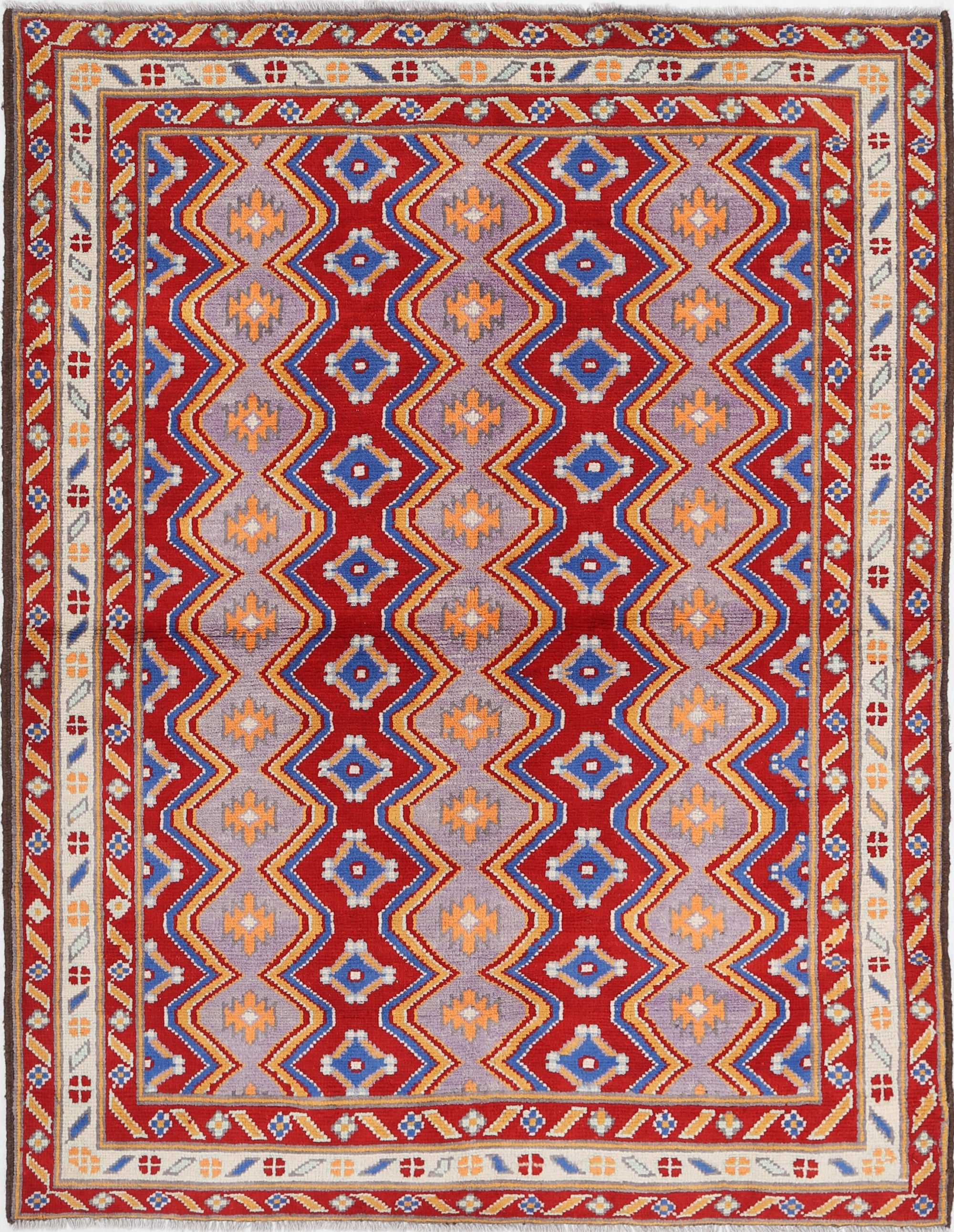 Red Hand-Knotted Tribal Geometric Wool Rug - 5'1" x 6'8"