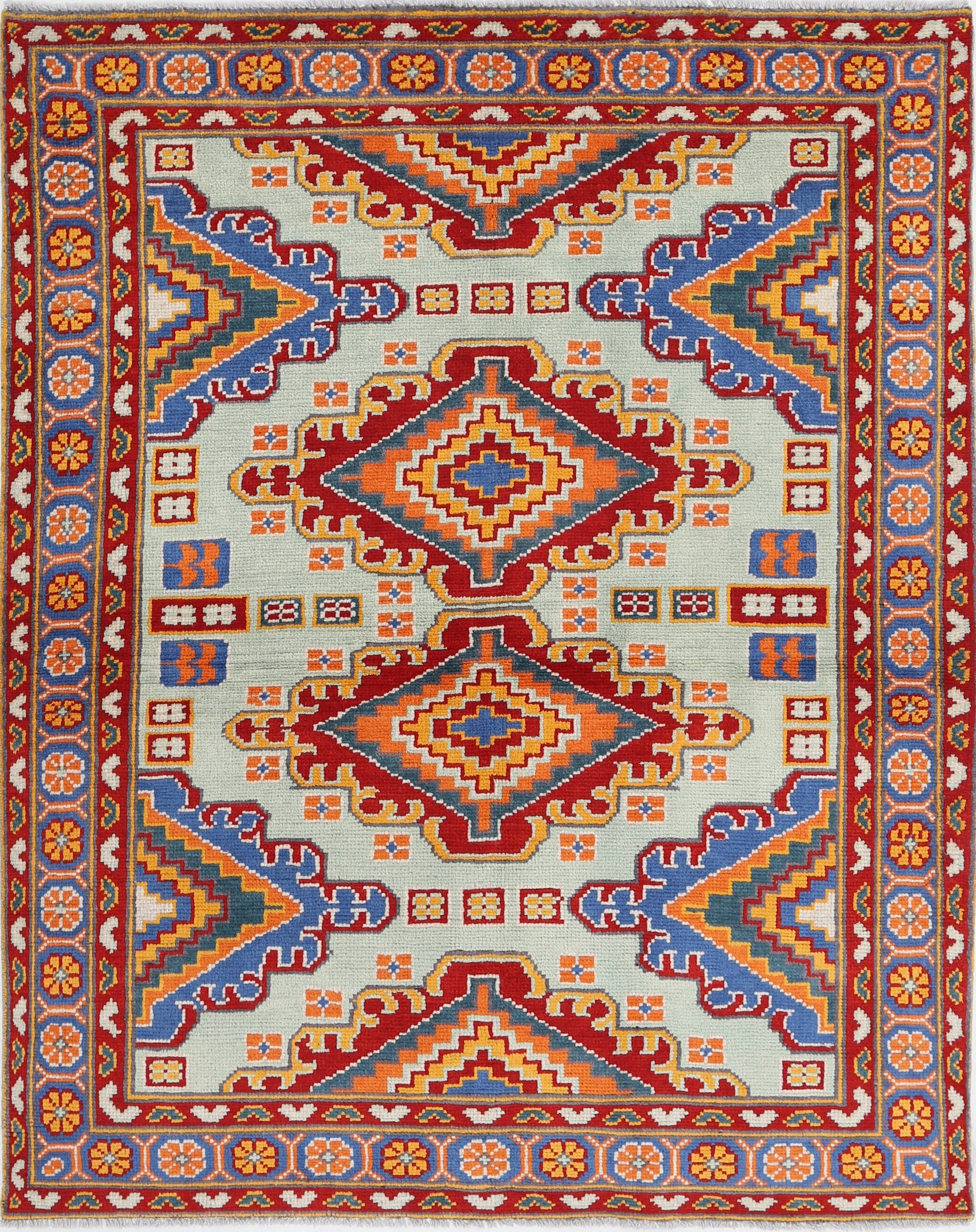 Blue Hand-Knotted Tribal Geometric Wool Rug - 5'0" x 6'6"