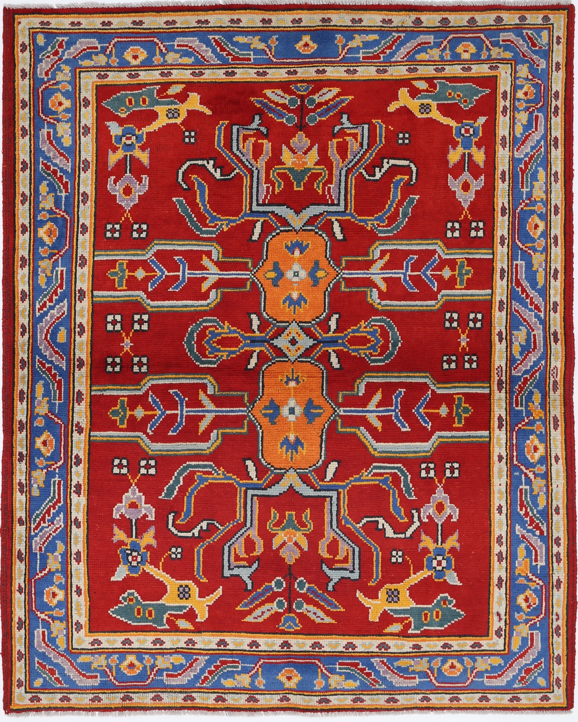 Red Hand-Knotted Tribal Geometric Wool Rug - 5'0" x 6'6"