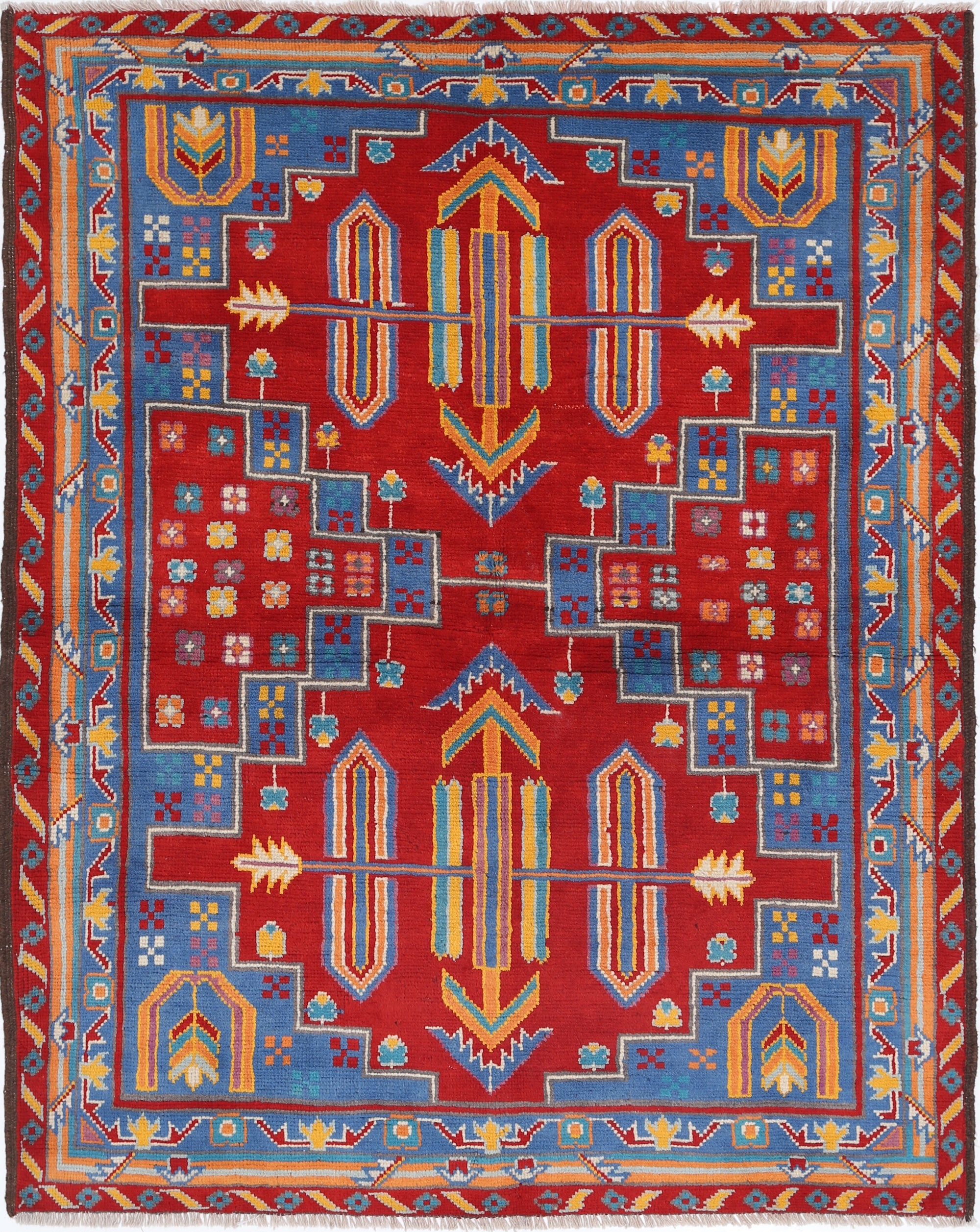 Red Hand-Knotted Tribal Geometric Wool Rug - 5'0" x 6'4"
