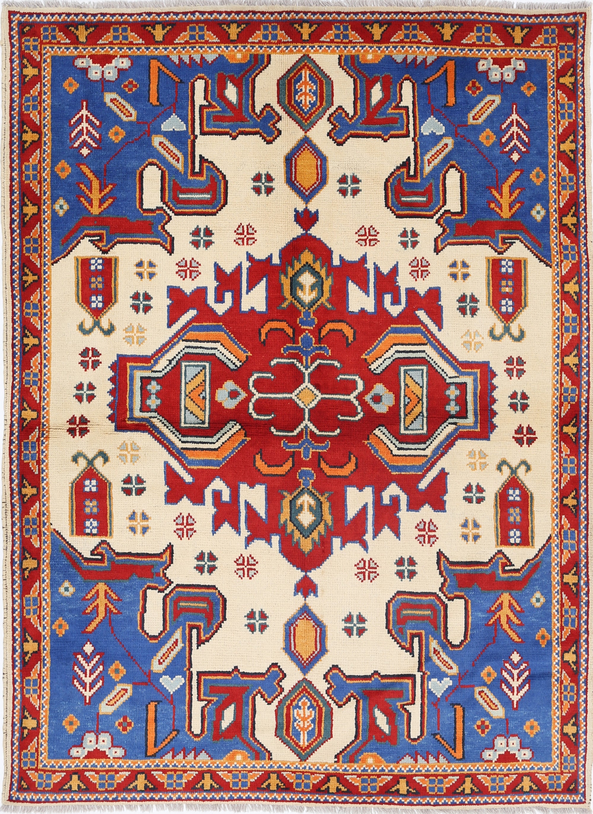 Ivory Hand-Knotted Tribal Geometric Wool Rug - 5'0" x 6'10"