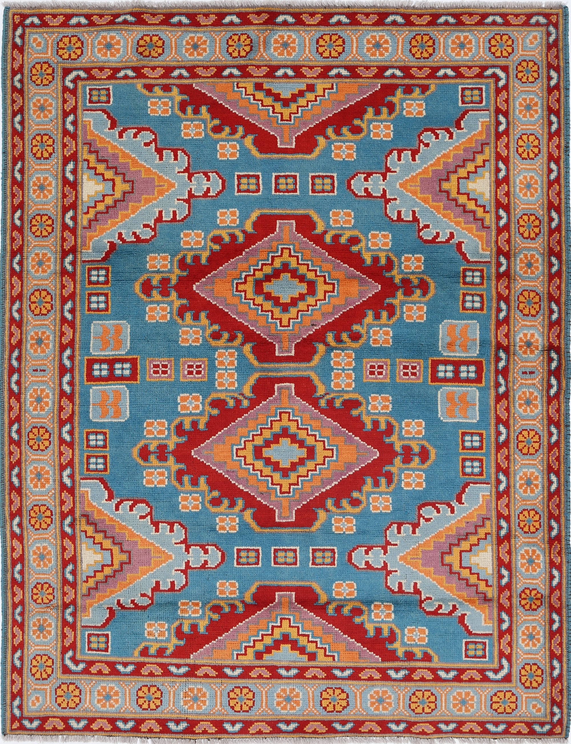 Teal Hand-Knotted Tribal Geometric Wool Rug - 4'11" x 6'7"