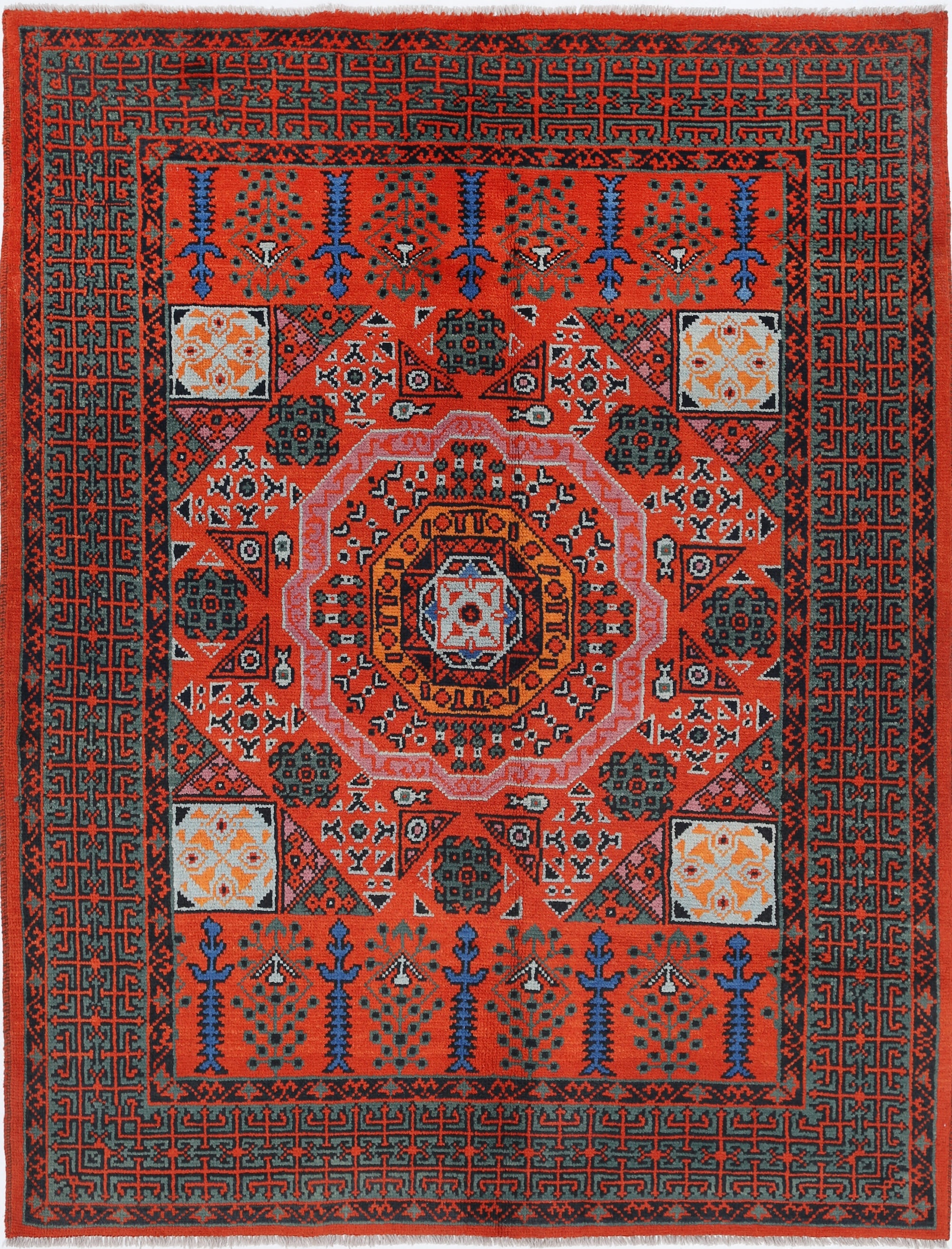 Red Hand-Knotted Tribal Geometric Wool Rug - 5'2" x 6'7"