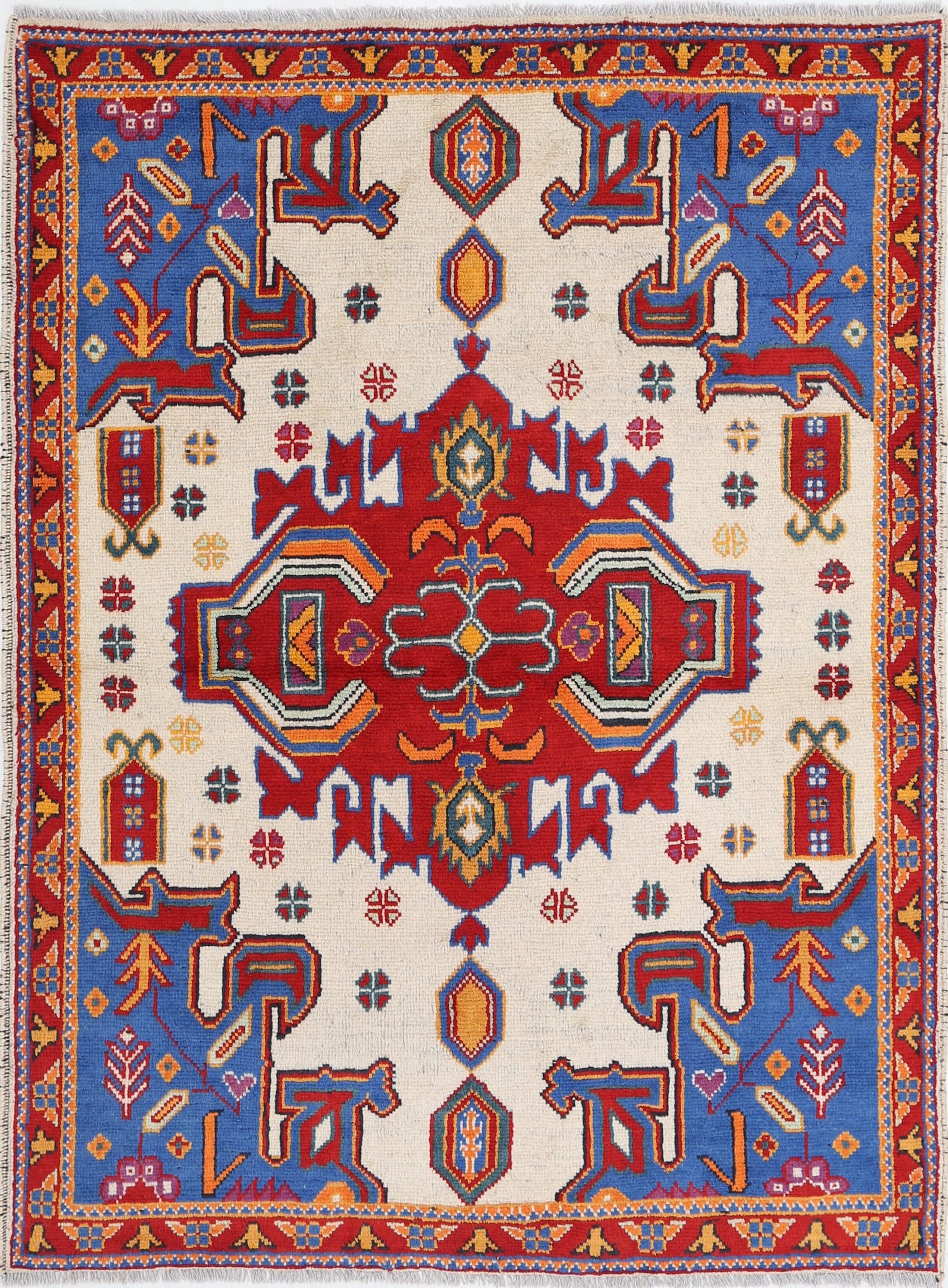 Ivory Hand-Knotted Tribal Geometric Wool Rug - 5'0" x 6'6"