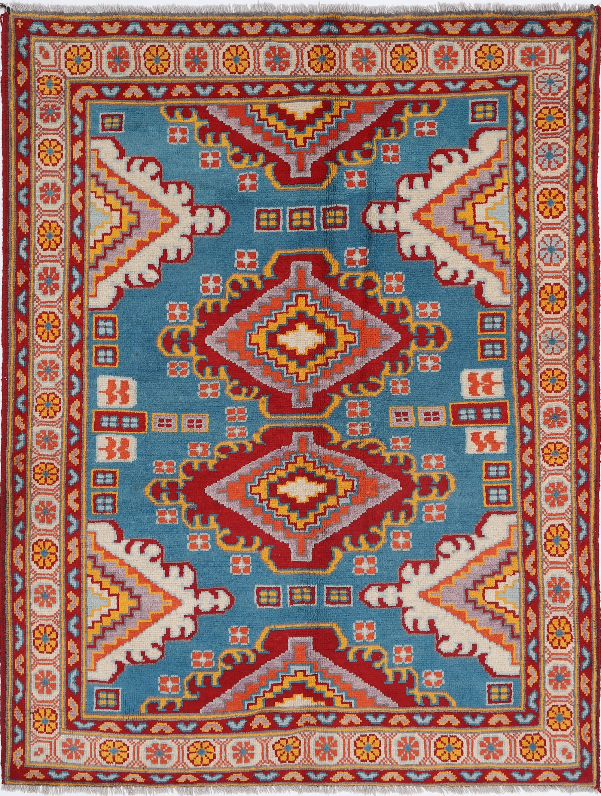 Teal Hand-Knotted Tribal Geometric Wool Rug - 4'11" x 6'5"