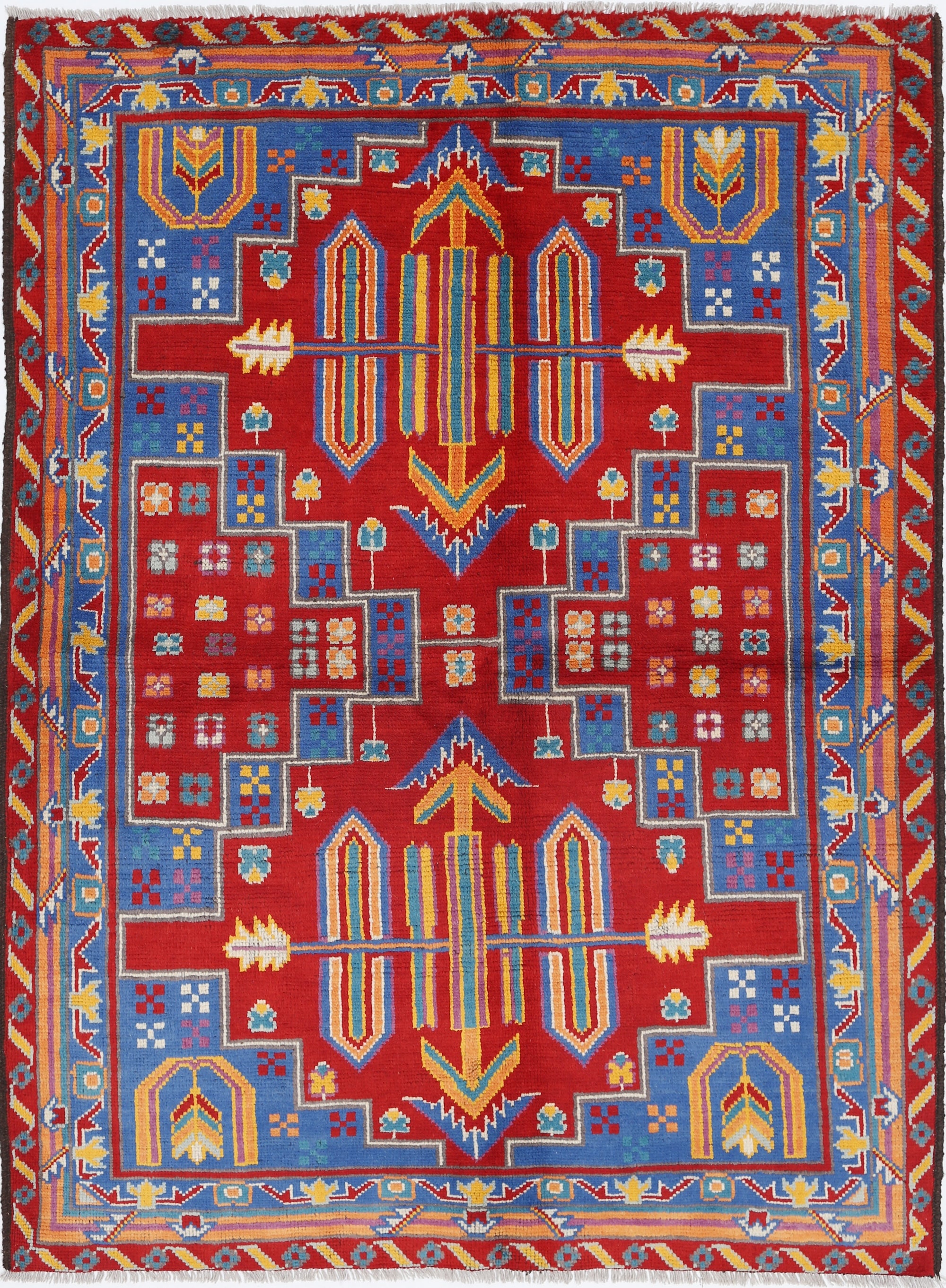 Red Hand-Knotted Tribal Geometric Wool Rug - 5'1" x 6'9"