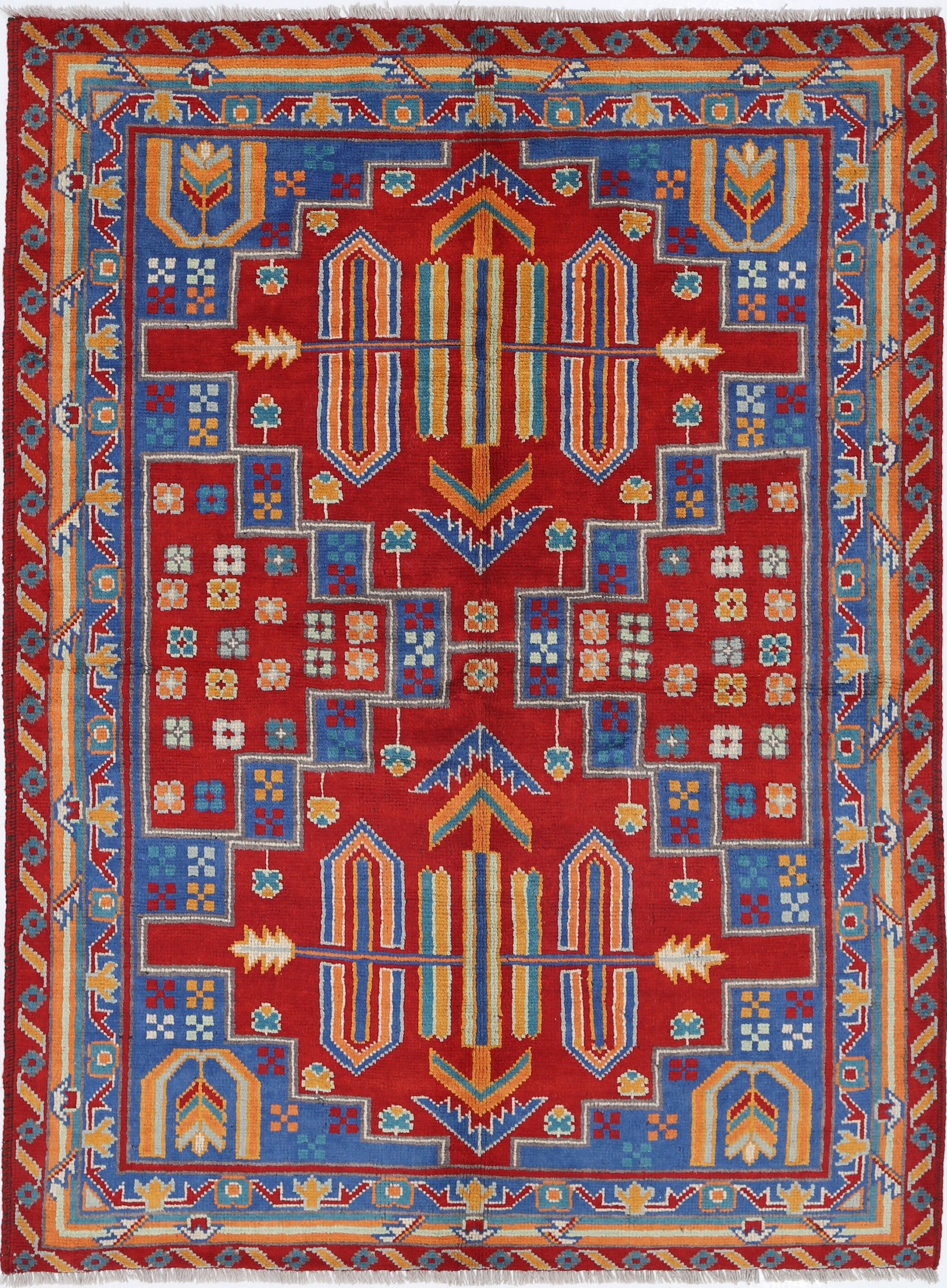 Red Hand-Knotted Tribal Geometric Wool Rug - 4'11" x 6'7"