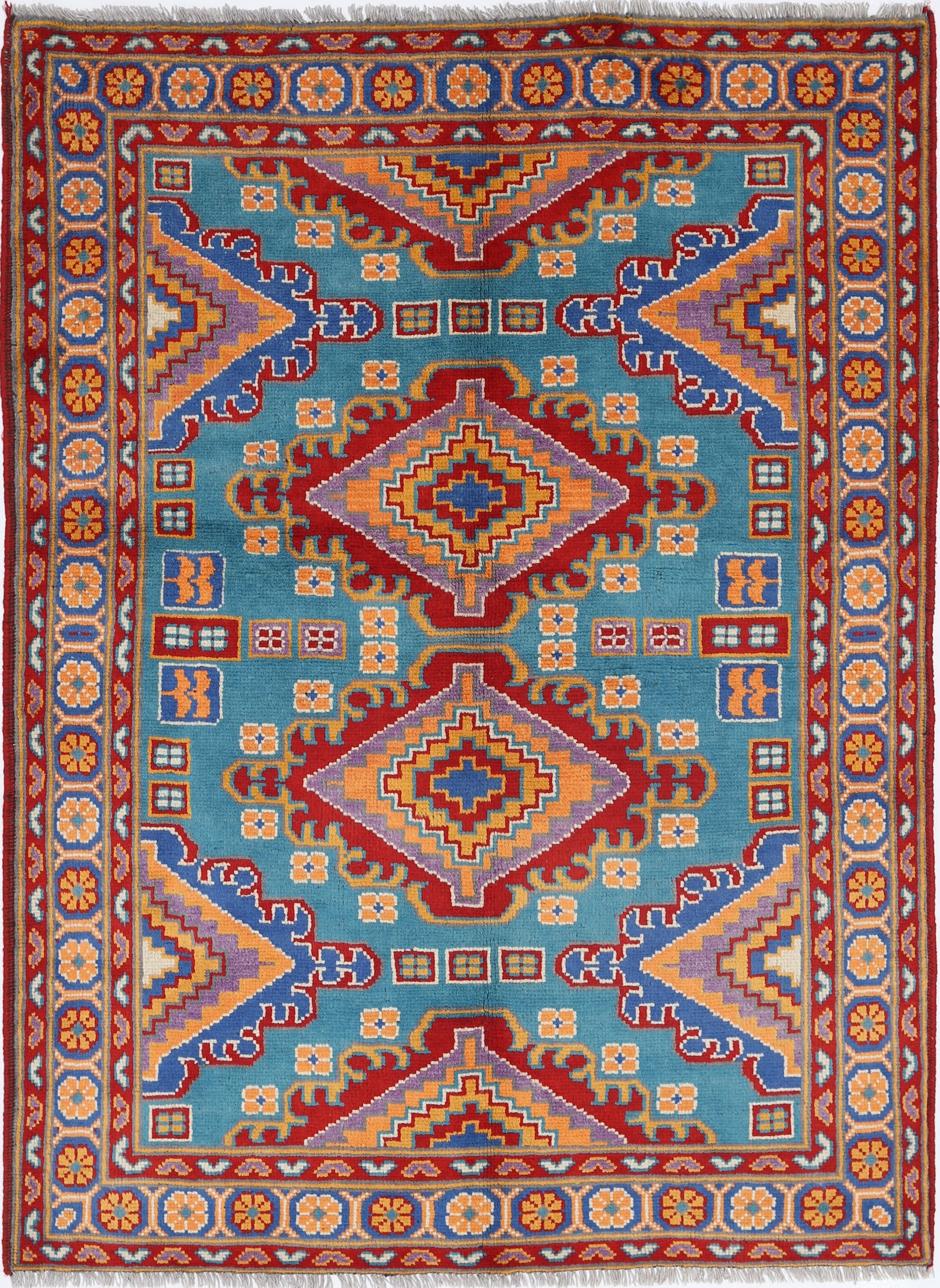 Teal Hand-Knotted Tribal Geometric Wool Rug - 4'11" x 6'9"