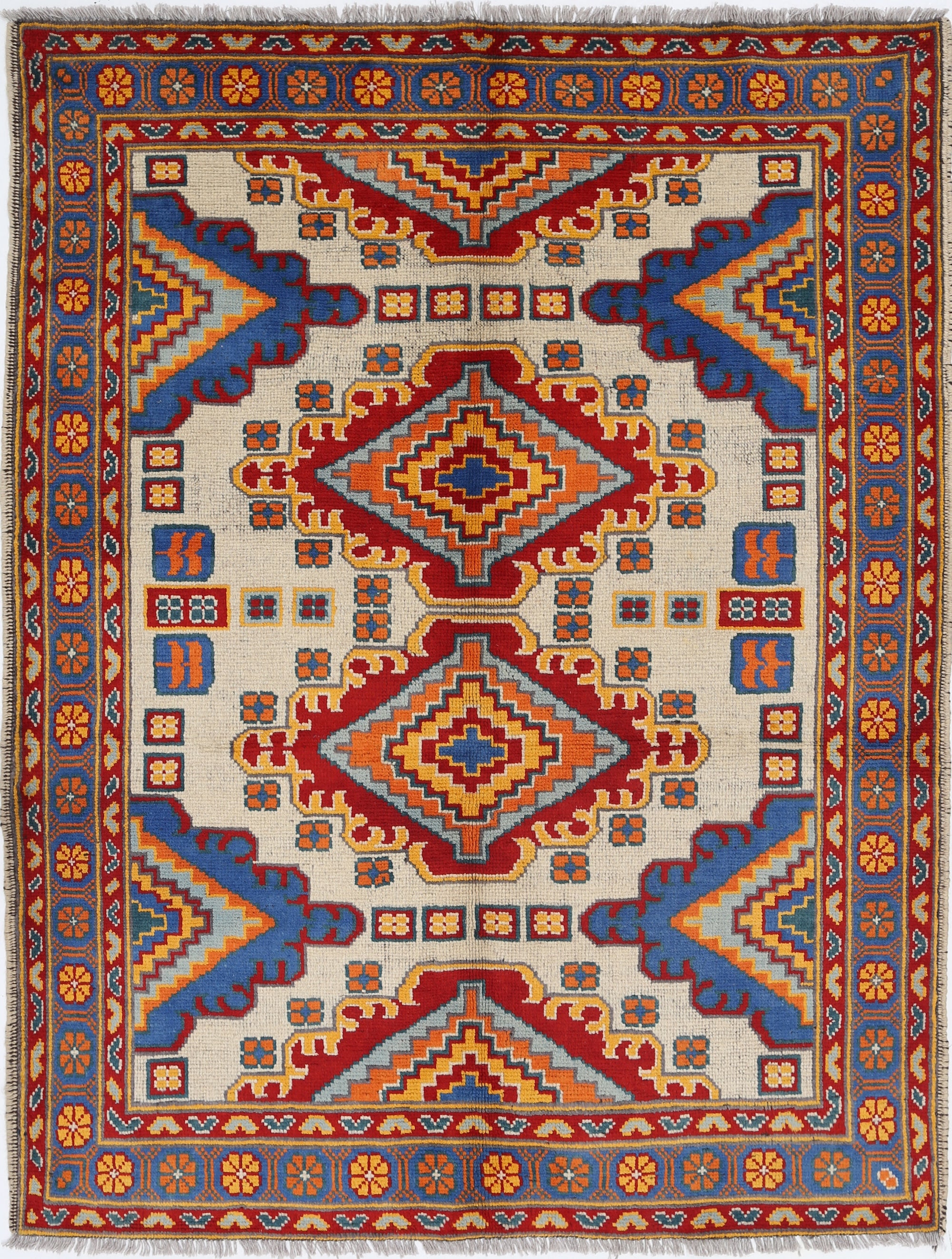 Ivory Hand-Knotted Tribal Geometric Wool Rug - 5'1" x 6'9"