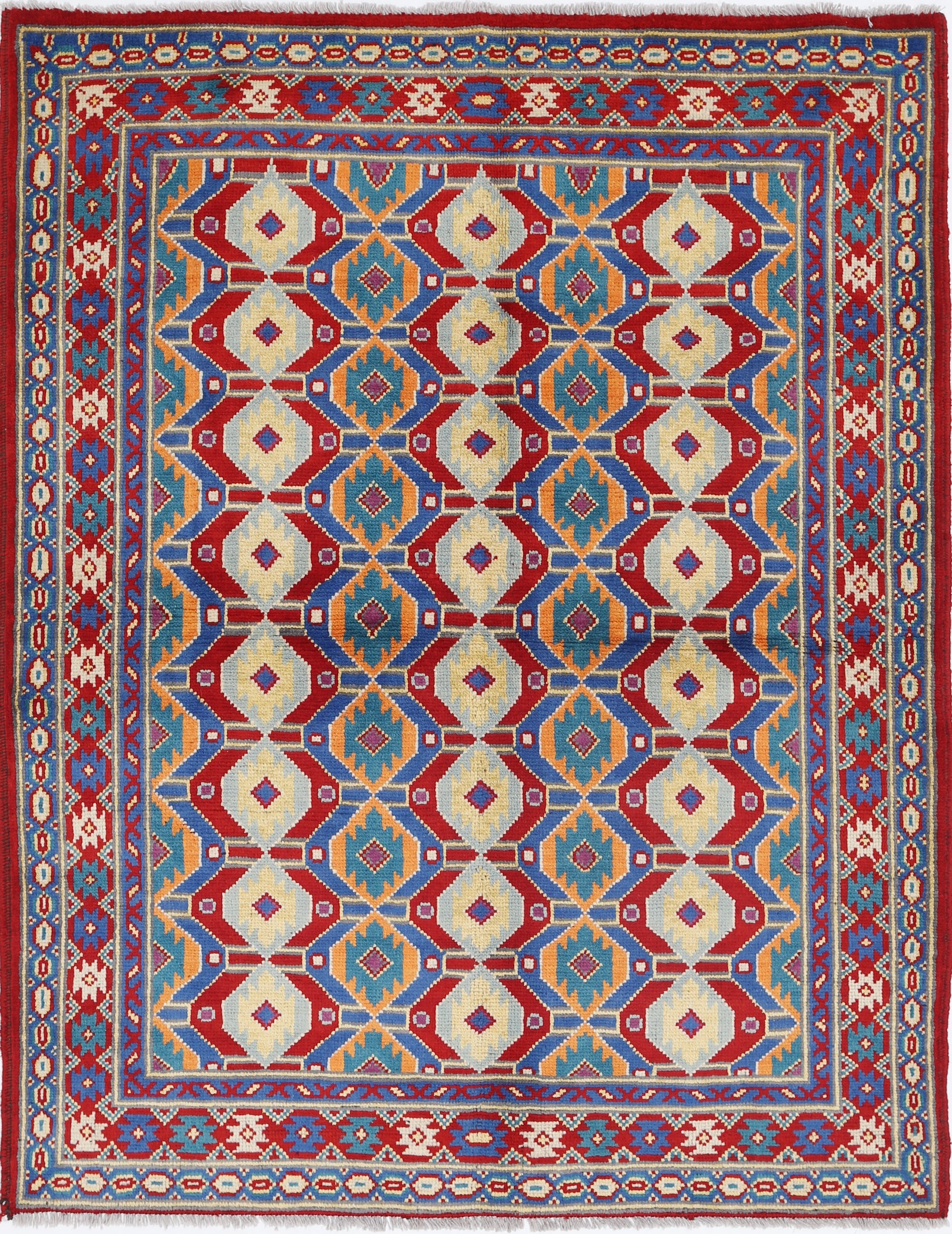 Red Hand-Knotted Tribal Geometric Wool Rug - 5'0" x 6'5"